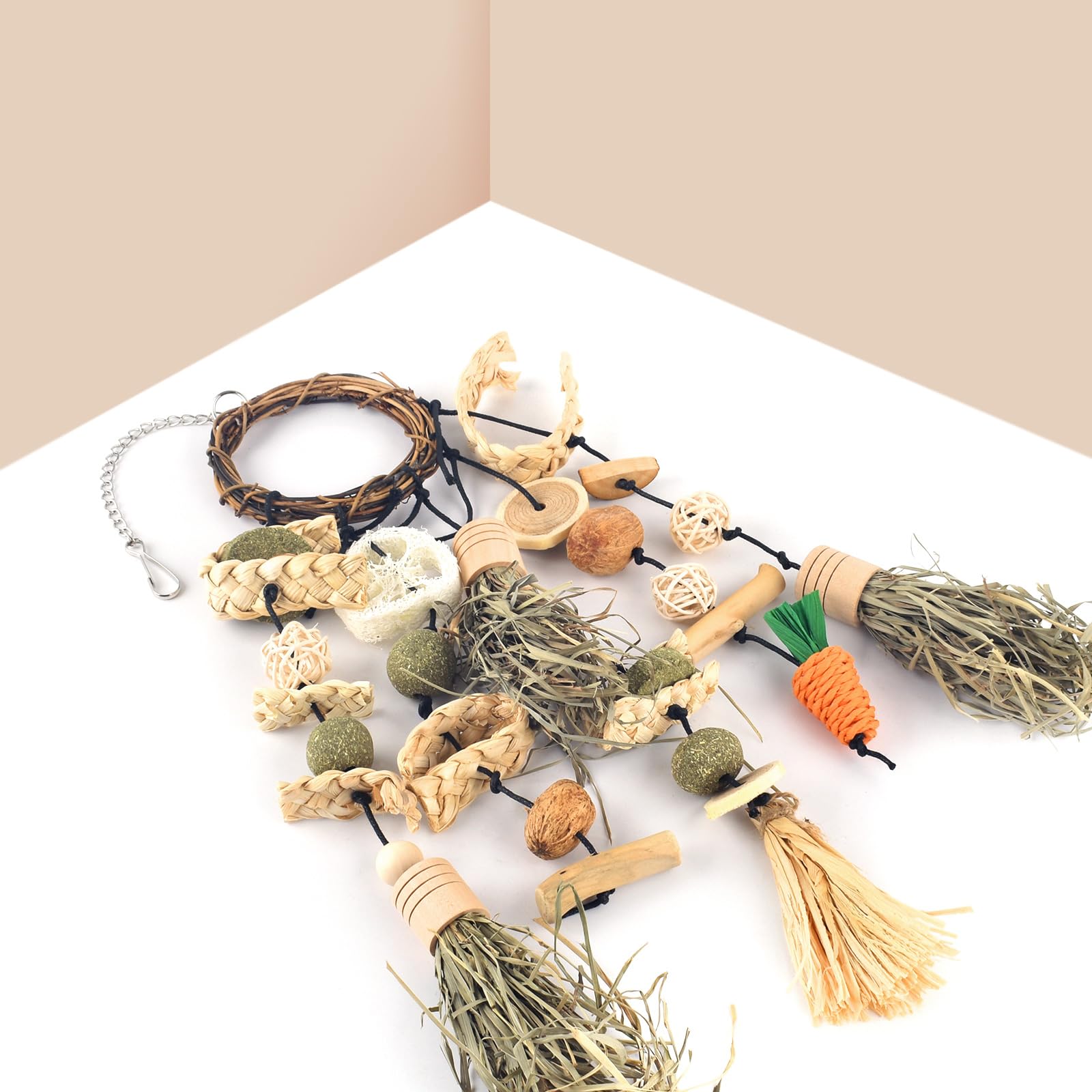 Bissap Kaninchen-Kauspielzeug, Hasenkäfig zum Aufhängen, Kauspielzeug und Leckerlis aus Holz mit Snacks für Meerschweinchen, Chinchillas, Hamster, Ratten und andere kleine Haustiere Zähneknirschen