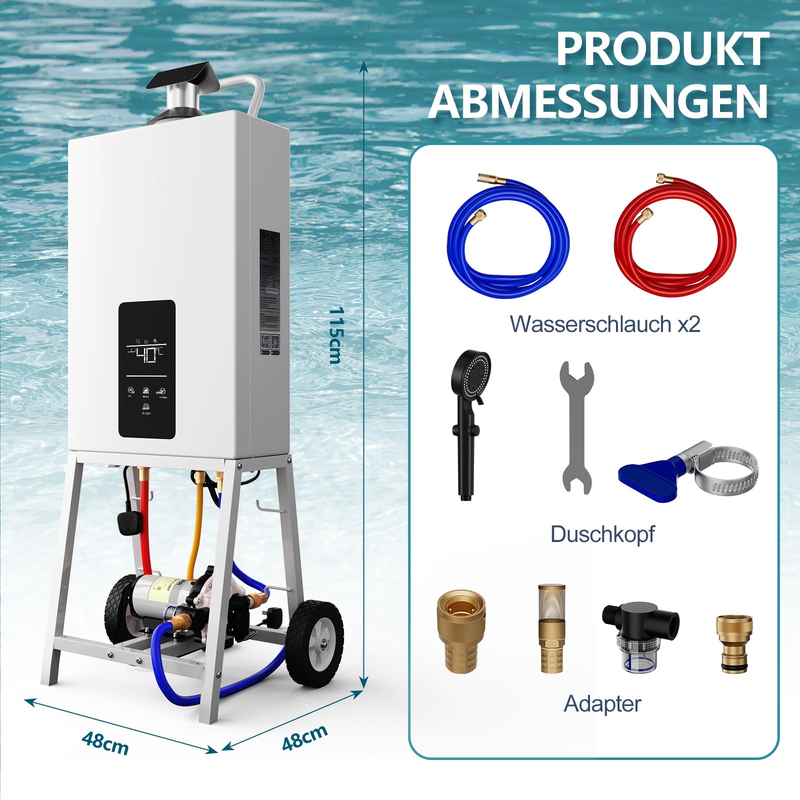 31kW Propangas-Poolheizung – Extrem Schnelles Aufheizen für Aufstellpool, Hot Tub& Spa, Tragbarer Außen-Wassererhitzer mit digitalem Thermostat, integrierter Duschfunktion & Rädern