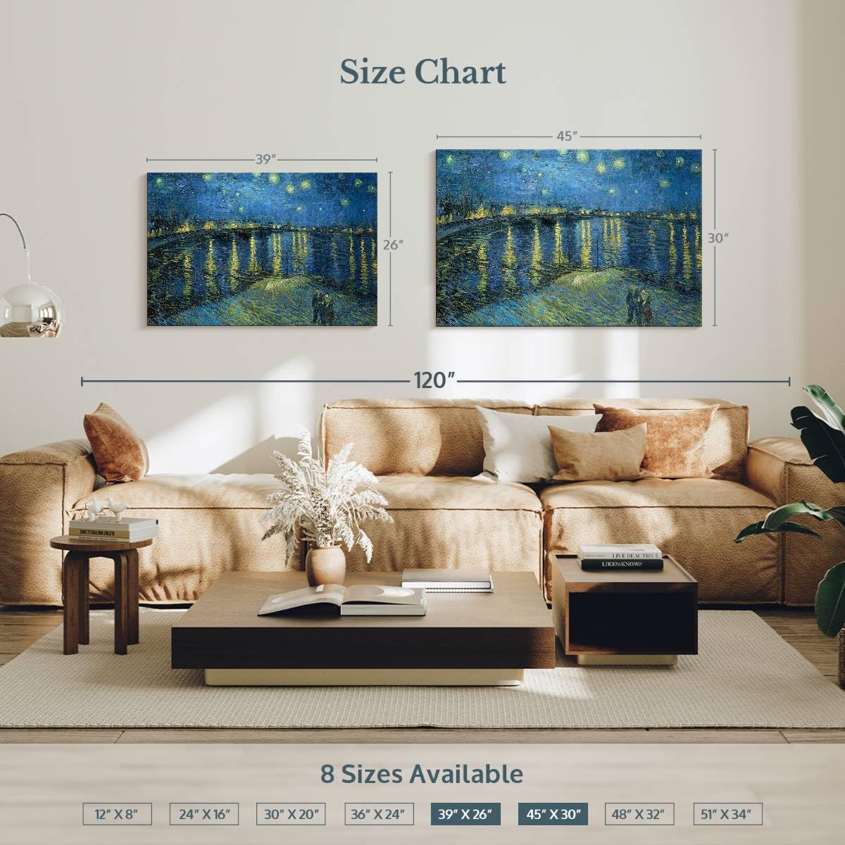 ElephantStock - The Starry Night Over The Rhone Wall Art - Horizontal Canvas Wall Art - Living Room Wall Decor - Painting Night Sky Canvas Art - Gray And Blue Decor by Vincent Van Gogh - 39" x 26"
