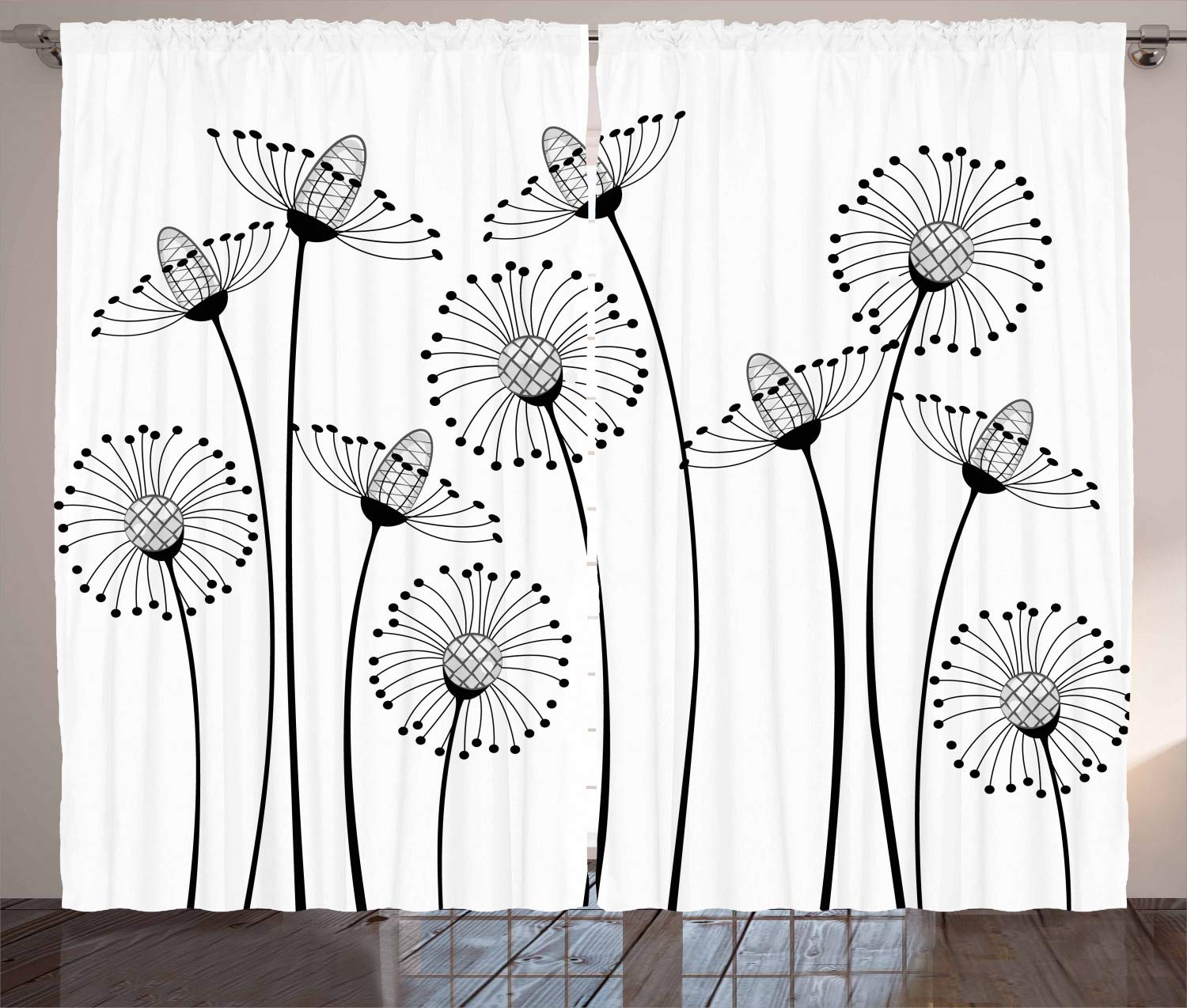 ABAKUHAUS En Blanco y Negro Cortinas, Meadows, Sala de Estar Dormitorio Cortinas Ventana Set de Dos Paños, 280 x 260 cm, Blanco Negro