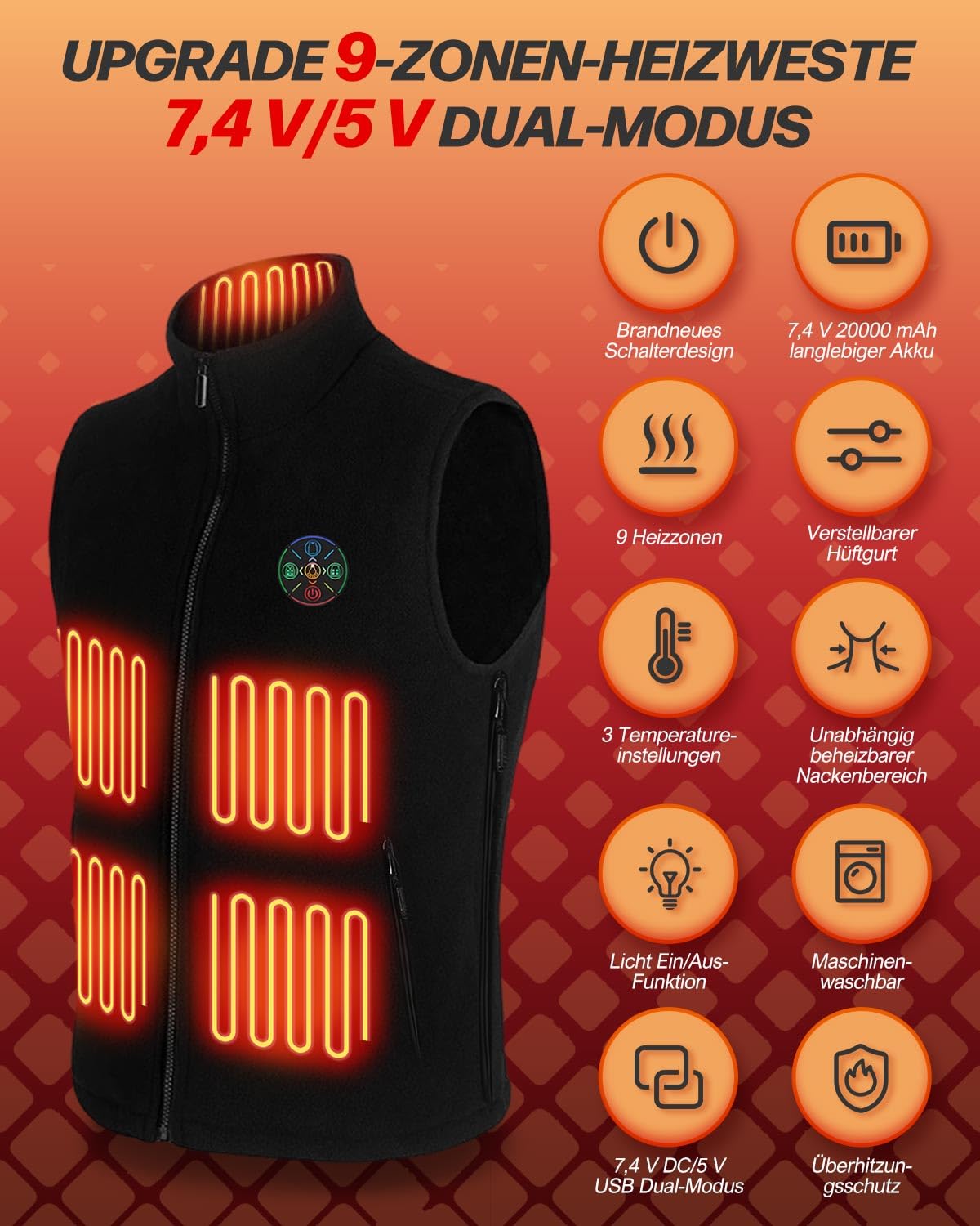 Trongle Gilet riscaldabile da donna, gilet riscaldabile, da donna, con power bank da 20.000 mAh, gilet riscaldabile foderato in pile, con 3 livelli di calore e 9 zone di riscaldamento, gilet