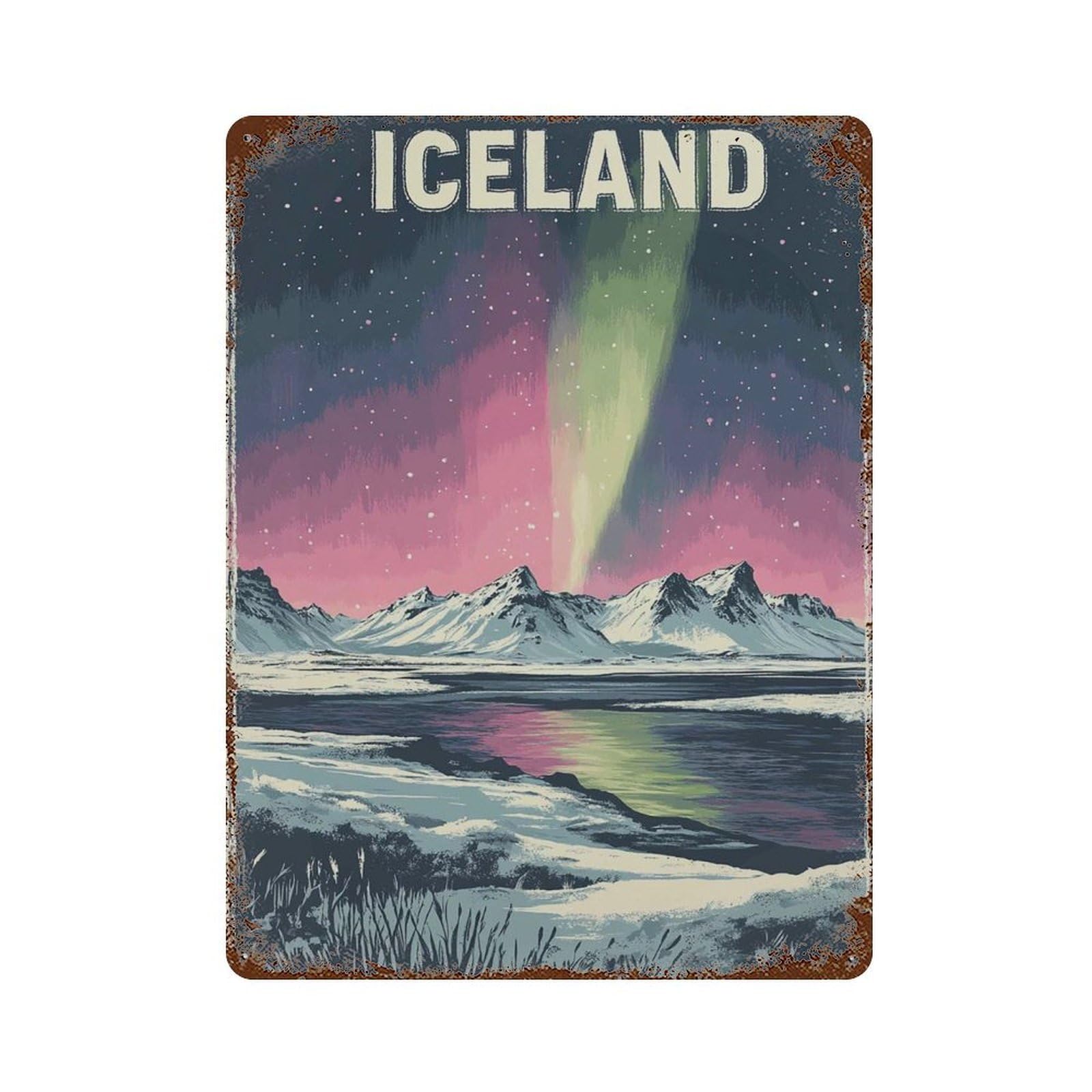 xiaoxiaoshen Iceland Travel Northern Lights Snowy Mountain Nordic Landscape Adventure Wall Decor Art Metal Tin Poster Modern Home Decor Art Home Bar Shop Decorations Vintage Sign 40x30cm