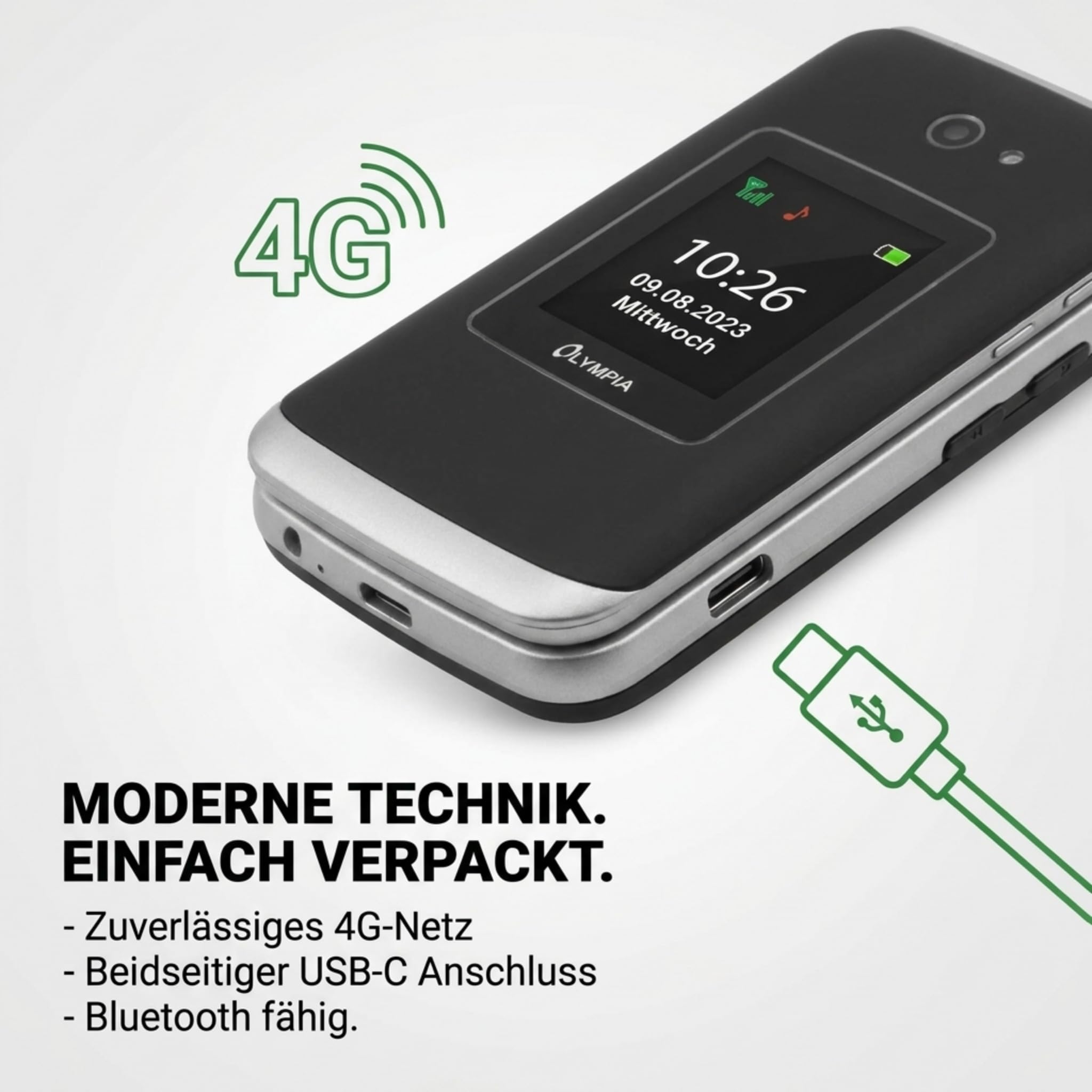 Olympia Vitus 4G Seniorenhandy | Klappbar mit Großtasten | Hörgerätekompatibel | Handy für Senioren | Notruftaste & SOS-Funktion | Farbdisplay | Kamera | Taschenlampe | Langlebiger Akku | Schwarz