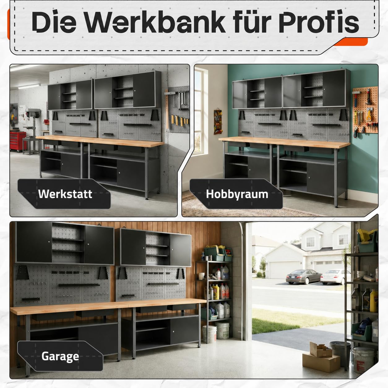 Ondis24 Werkstatteinrichtung Werkstatt Set Werkbank Fritz Hängeschrank Werkzeugwand Metall Schwarz Grau (Hängeschrank Kurt, 240 cm) Buchenholzarbeitsplatte
