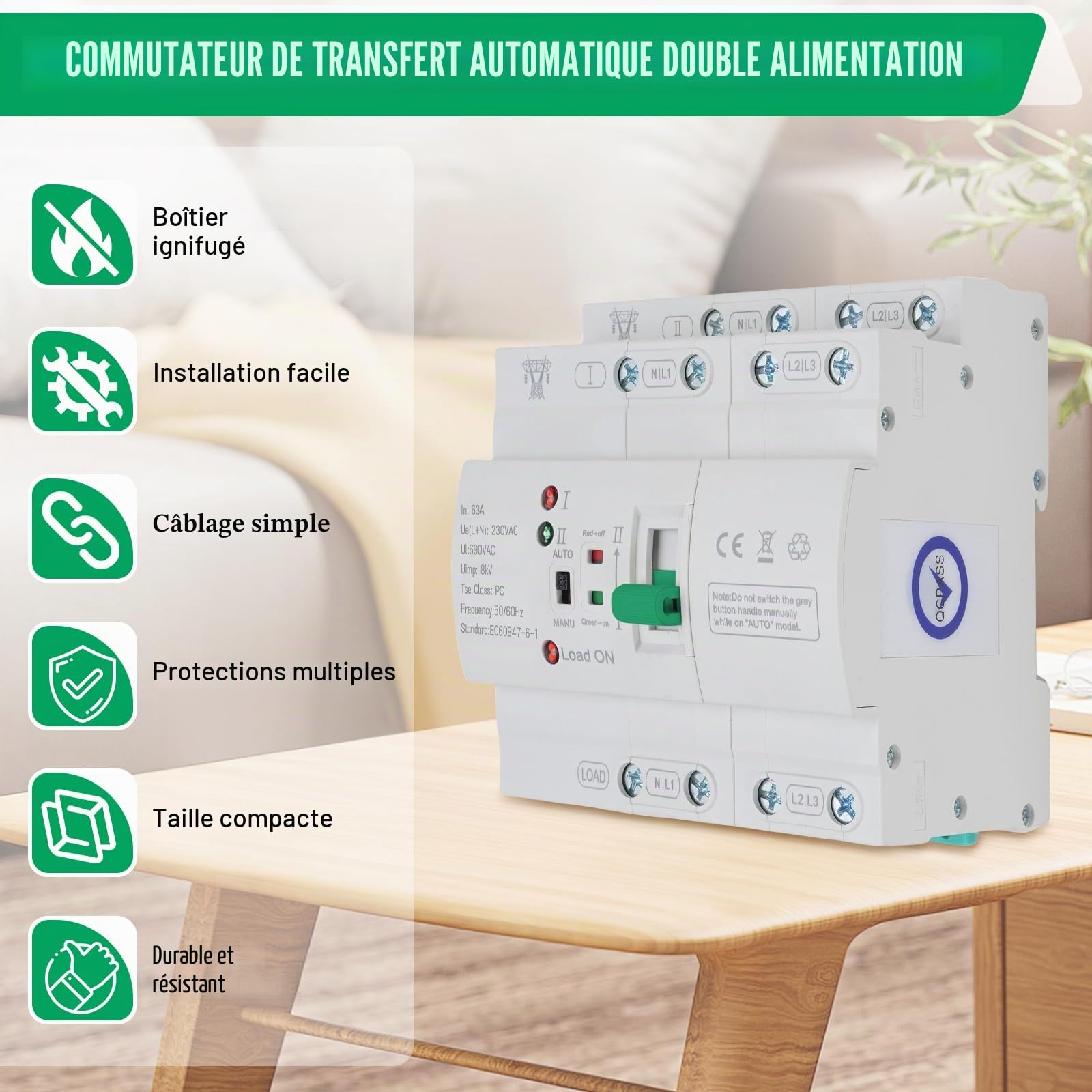Commutateur de Transfert Automatique, ATS 4P 63A 400V pour Rail DIN | Commutateur Bipolaire Double Alimentation, Commutateurde Charge Électrique pour Alimentation Triphasée