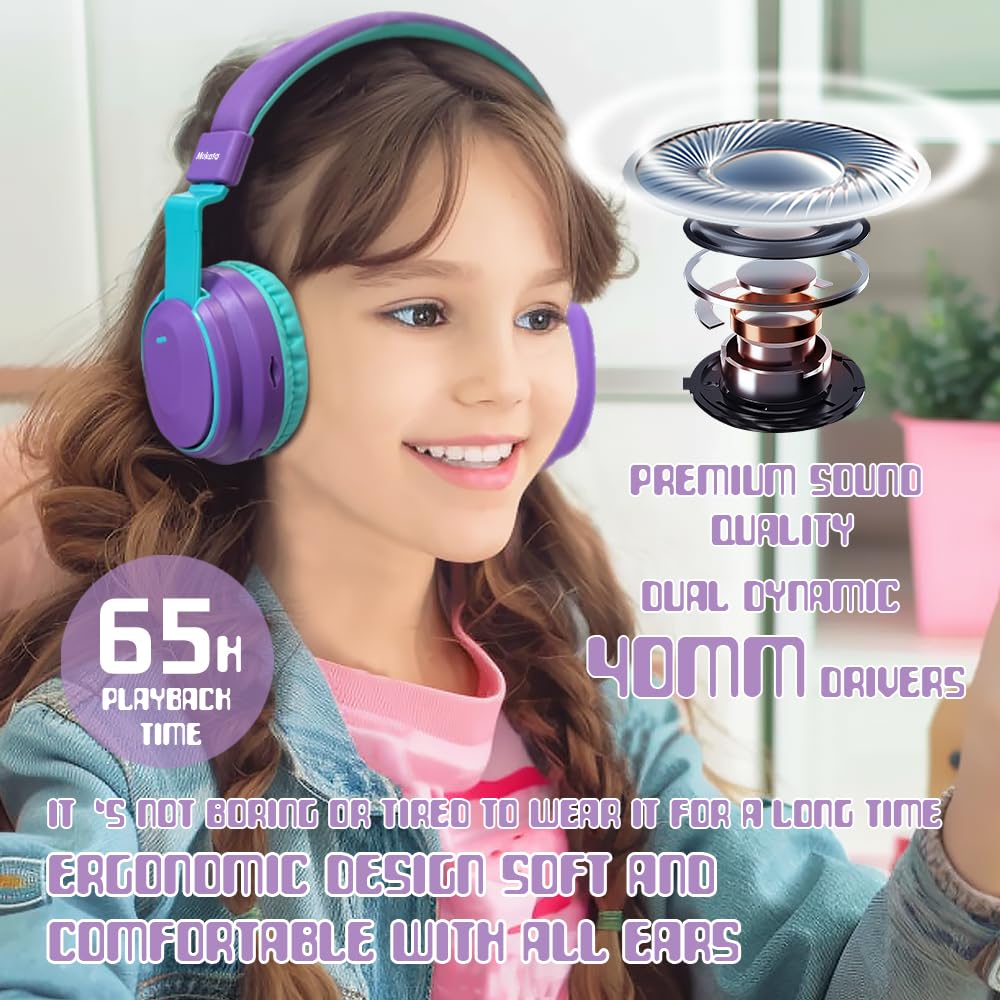Mokata Casque Bluetooth sans fil pour enfants, volume limité, 85/110 dB, pliable, avec câble Shareport, câble auxiliaire 3,5 mm, microphone pour iPad, ordinateur portable, garçon, fille, voyage,