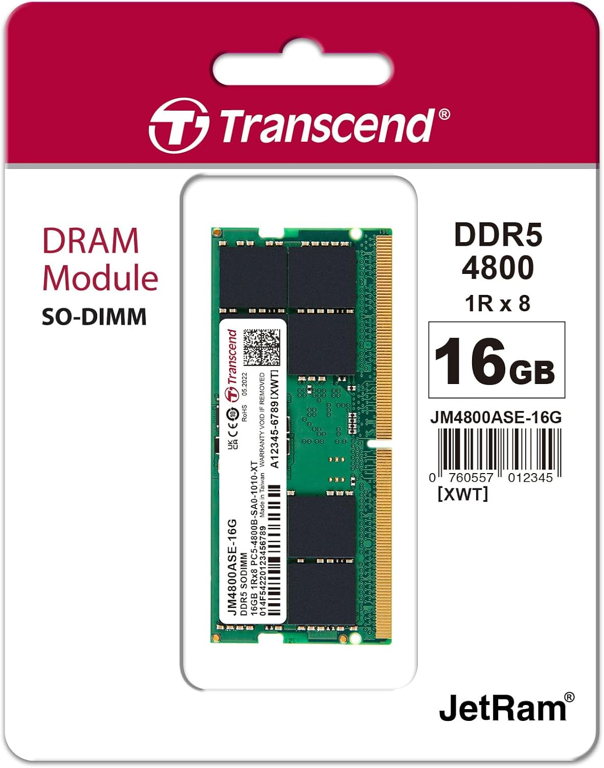 Transcend 16GB DDR5 4800MHz SO-DIMM Laptop RAM, Compatible w/HP Lenovo Dell ASUS Acer Computer Memory, On-die ECC Notebook Module Upgrade, 1Rx8, 1.1V PC5-38400 CL40, Unbuffered 262-Pin - JM4800ASE-16G
