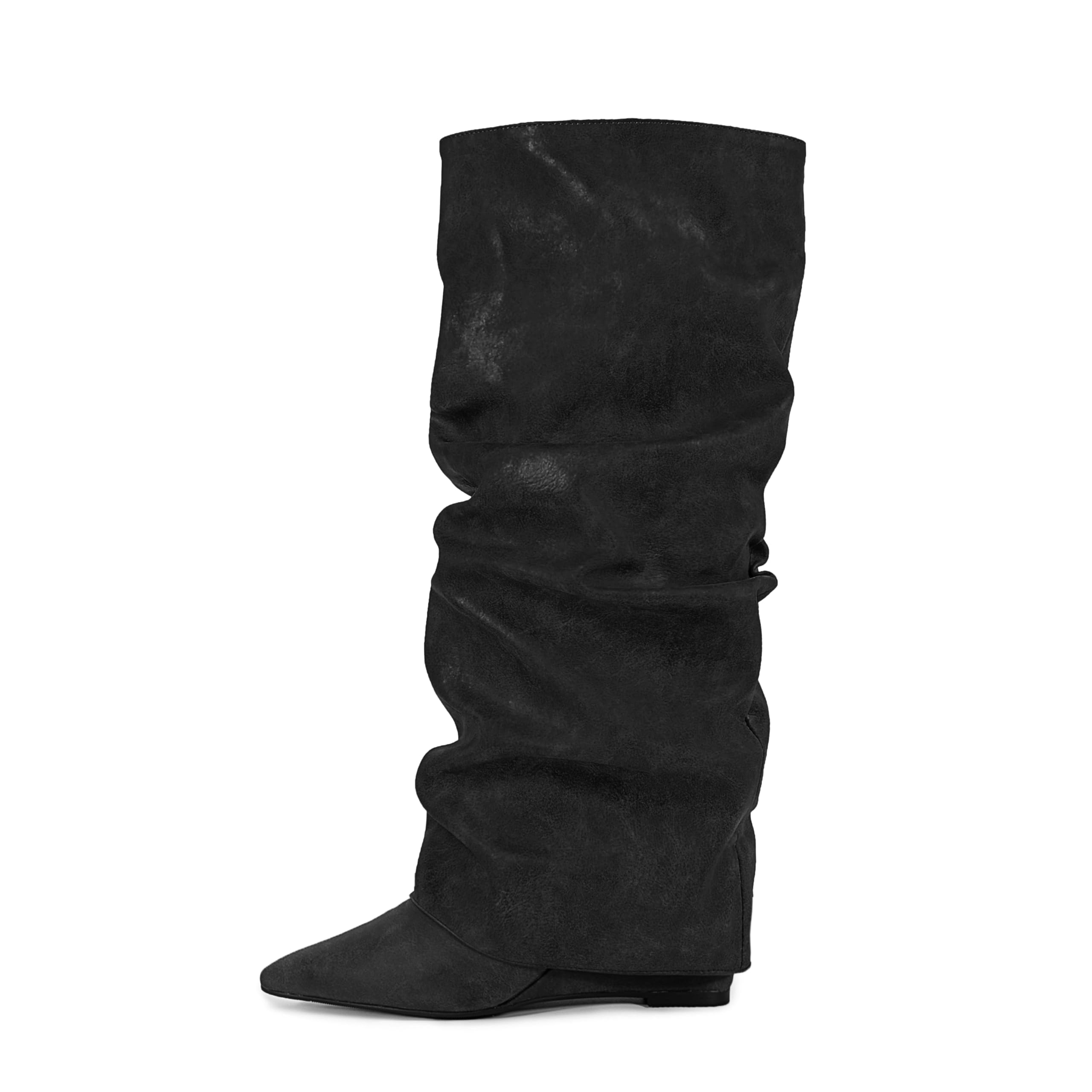 Burgundy Brown Pink Knee high boots Pointed-toe Fold Over Pleated Slip-on high wedge heels Slouchy Ruched Wide Calf
