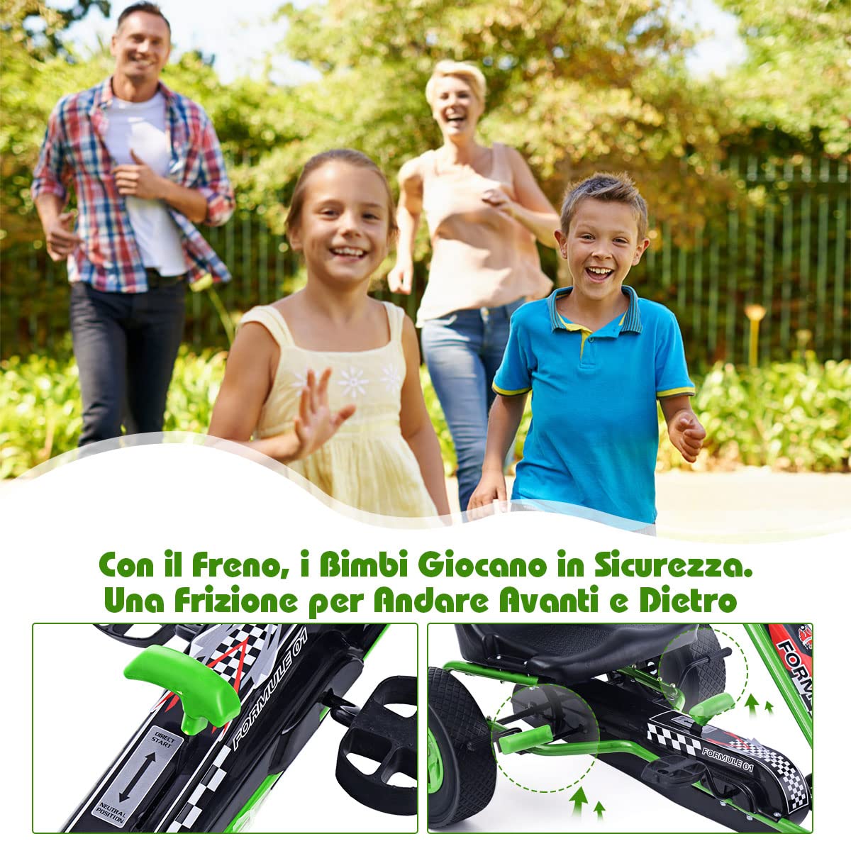 GYMAX Go-Kart a Pedali per Bambini con Sedile Regolabile con Freno e Frizione per Bambini 3-8 Anni, 98 x 59 x 61 cm (Verde)