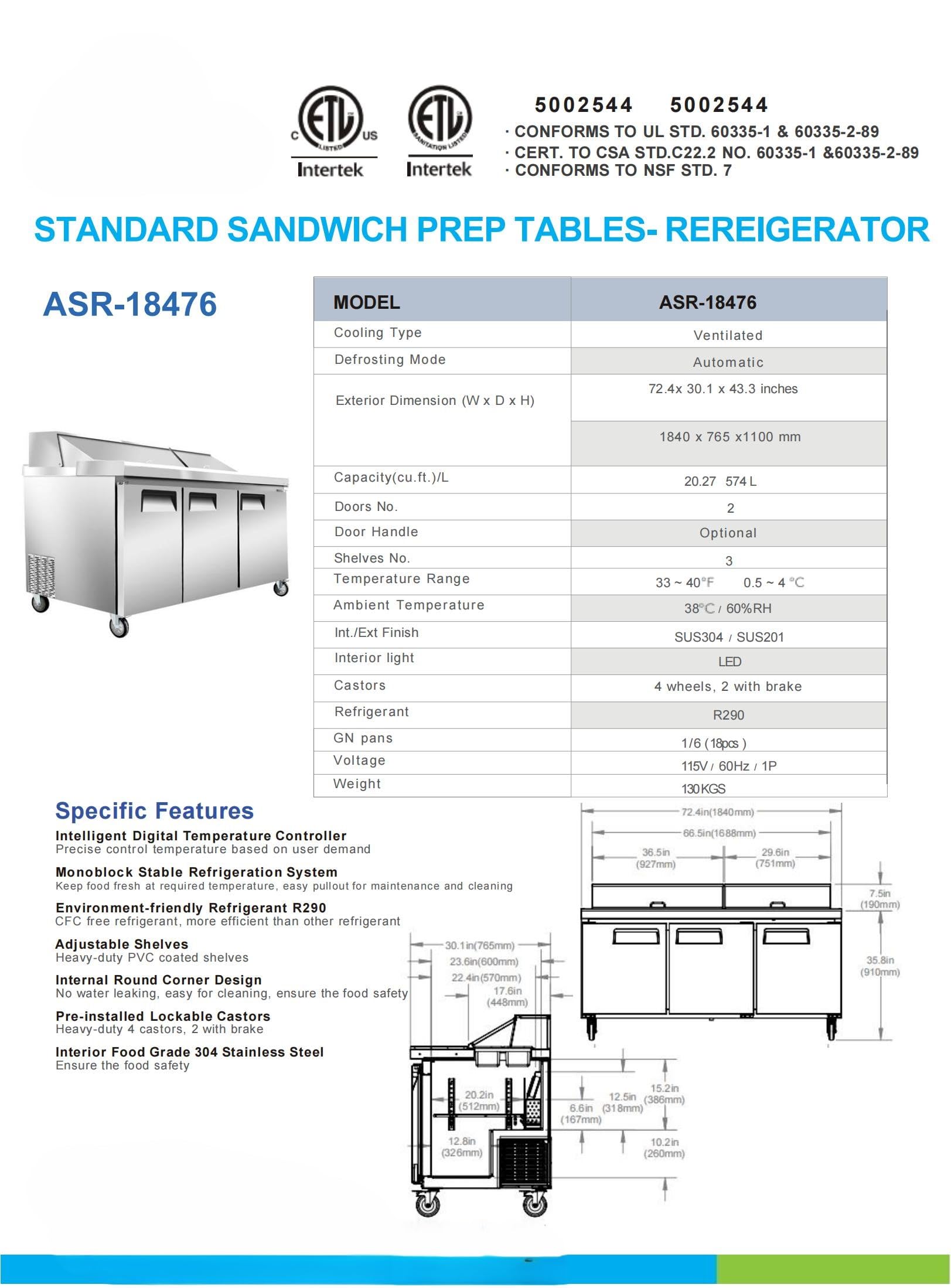Elite Kitchen Supply Commercial Sandwich Prep Table Refrigerator, 72.4x30.1x43.3 inches, 20.27 cu.ft, Stainless Steel, LED Lighting ASR-18476 ETL