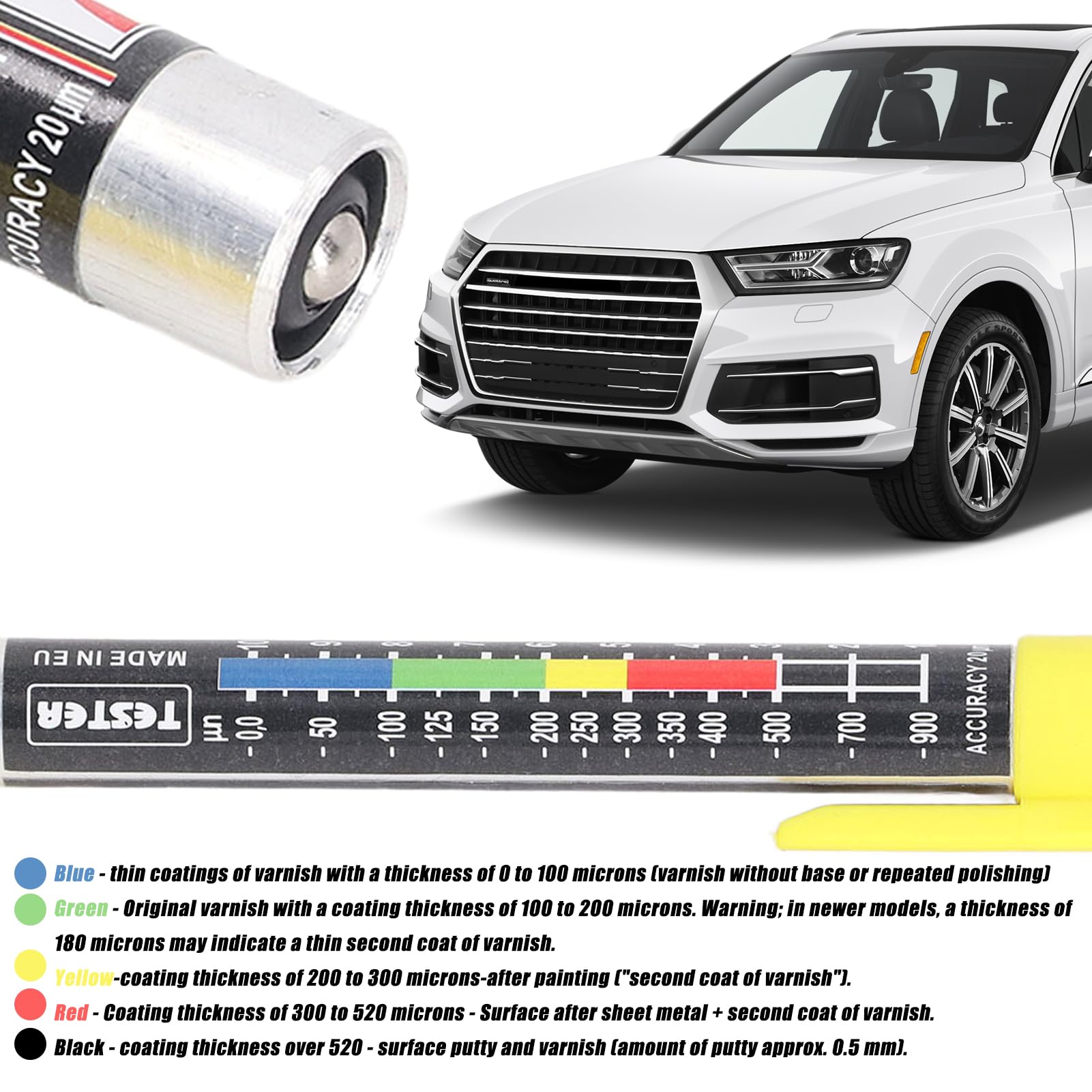 Paint Thickness Tester Meter Gauge, Paint Coating Tester, Car Body Damage Detector, Crash-Test Check, IP6X Waterproof, Car Coating Test Pen, Great to Have When Shopping for Used car