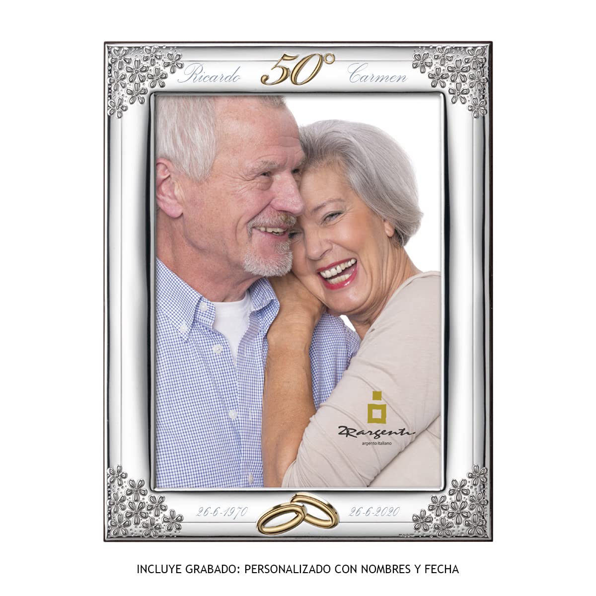 Curia Grabador Marco 50 Aniversario Personalizado con Nombres y Fecha – Portafotos Bodas de Oro en Plata Laminada – Regalo Único para Parejas – Tamaño 13x18 cm