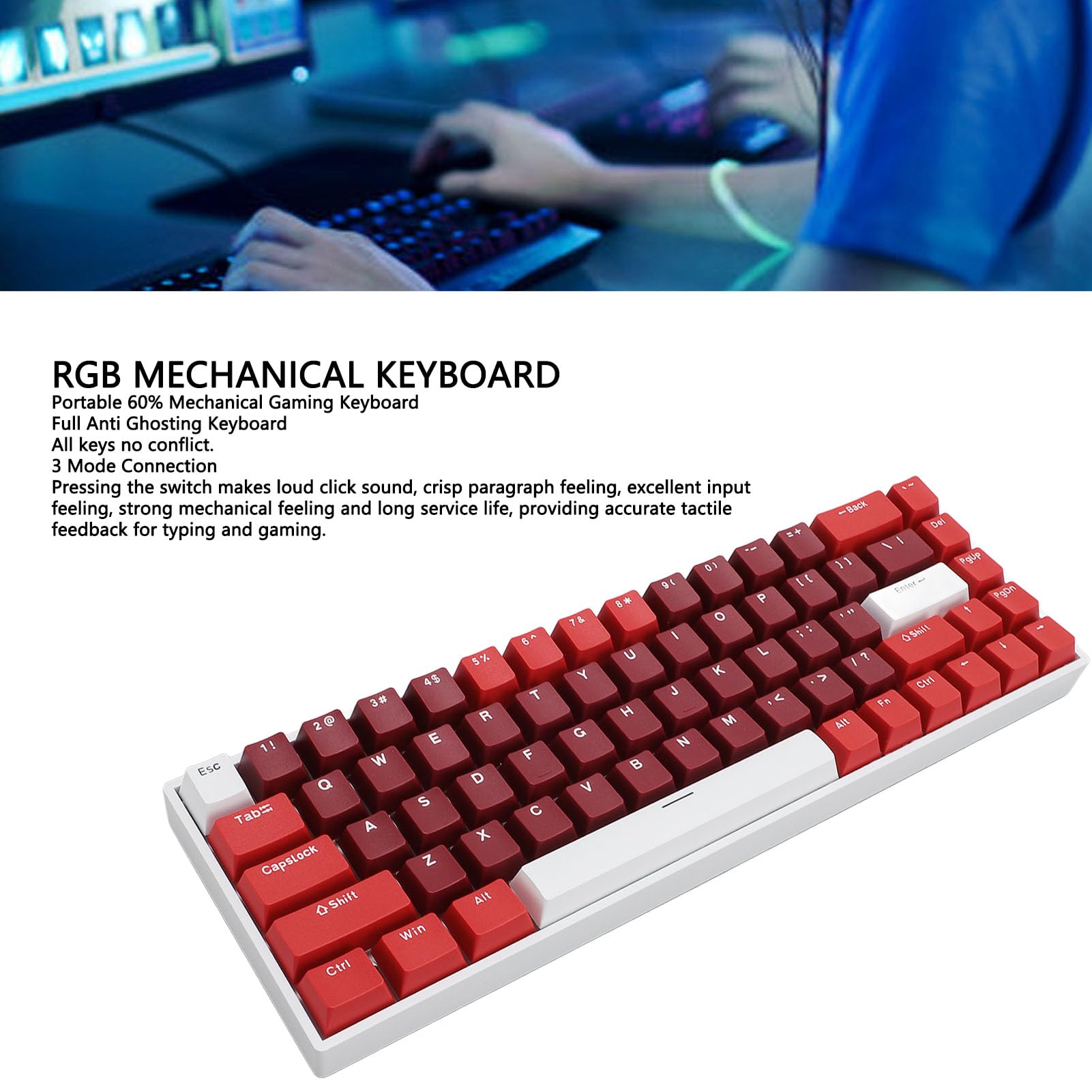 Gugxiom Tastiera Meccanica RGB Wireless a 68 Tasti Al 60%, BT / 2,4 GHz/Tipo C Tastiera da Gioco Bluetooth 5.0 a 3 modalità con Tasti Completi Sostituibili a Caldo, Batteria da 3000 MAh