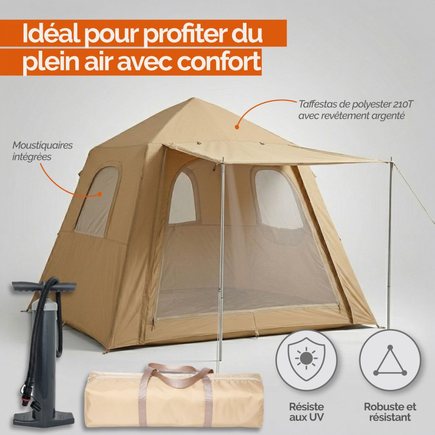 Linxor - Tente de Camping Gonflable 2 à 3 Personnes avec auvent, Pompe et Sac de Transport - 2.10 x 2.10 x 1.55 m - Beige