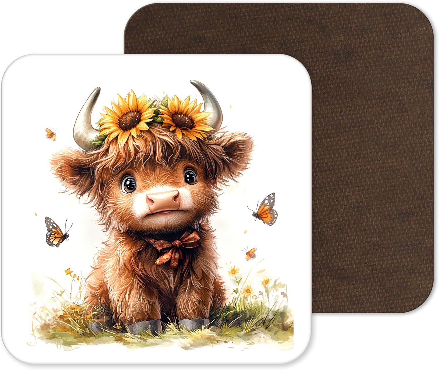 Funny and Cute Highland Cow Coasters - 25 Designs - Funny Retro Square Wooden Coaster (Design 2)