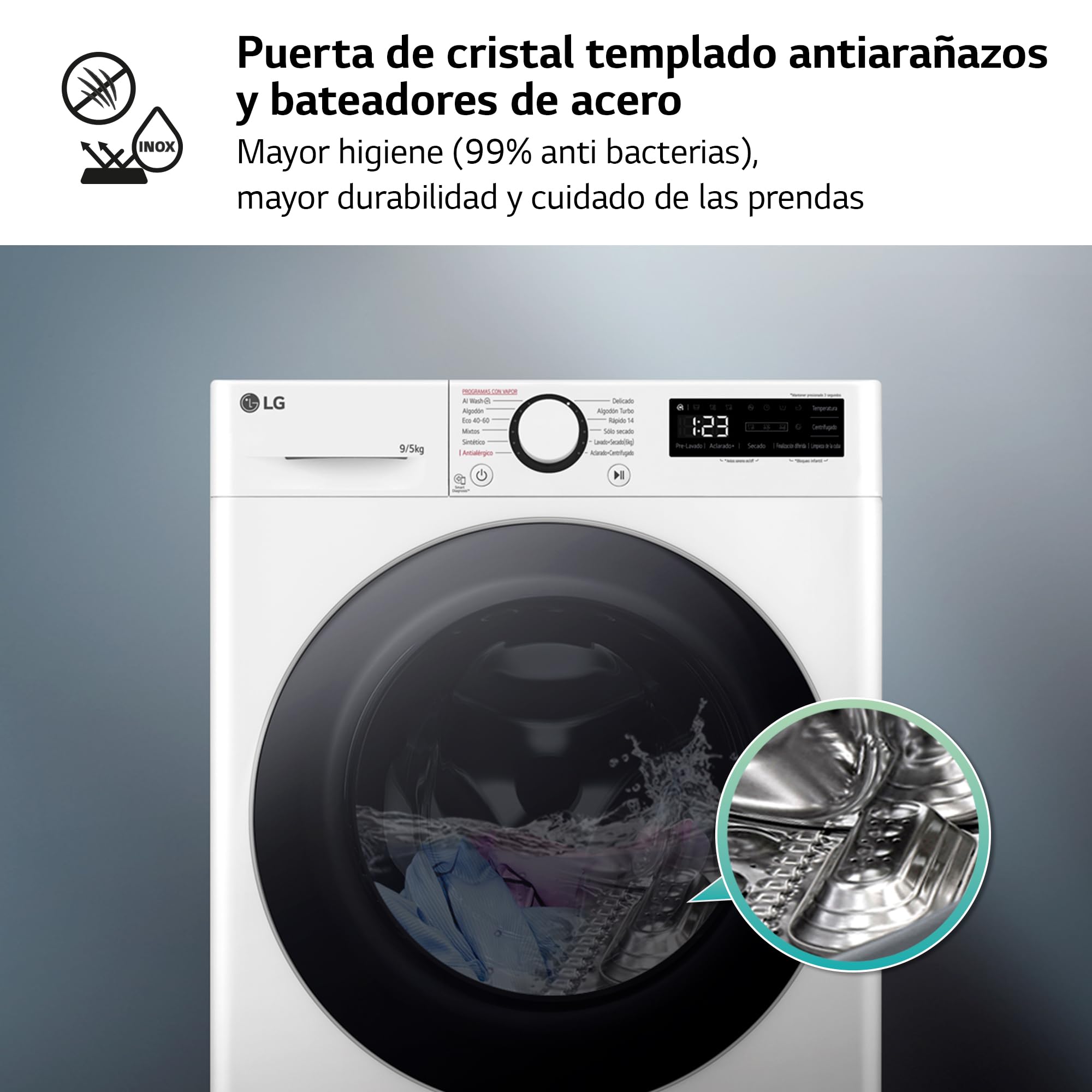 LG F2DR5S09A1W - Lavadora Secadora Inteligente, 9/5kg, AI Direct Drive, 1400rpm, Carga Frontal, TurboWash 360º, Vapor Steam, Serie 500, Blanco