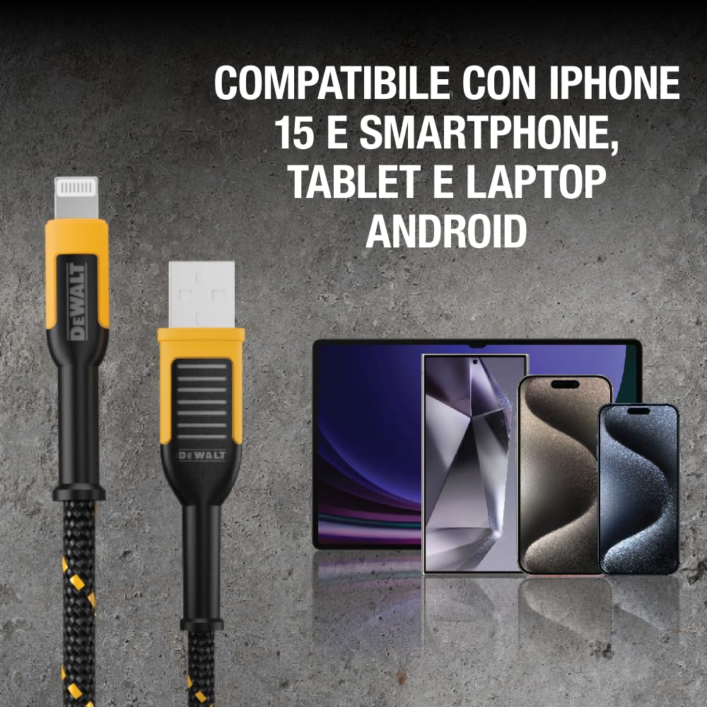 DEWALT Heavy Duty Cavo di Ricarica per iPhone, Confezione da 2, [Certificato Apple MFi], Cavo Lightning a USB da 1,2 m, Ricarica Rapida Compatibile con iPhone 14/13/12/11/13 Pro/13 Pro Max