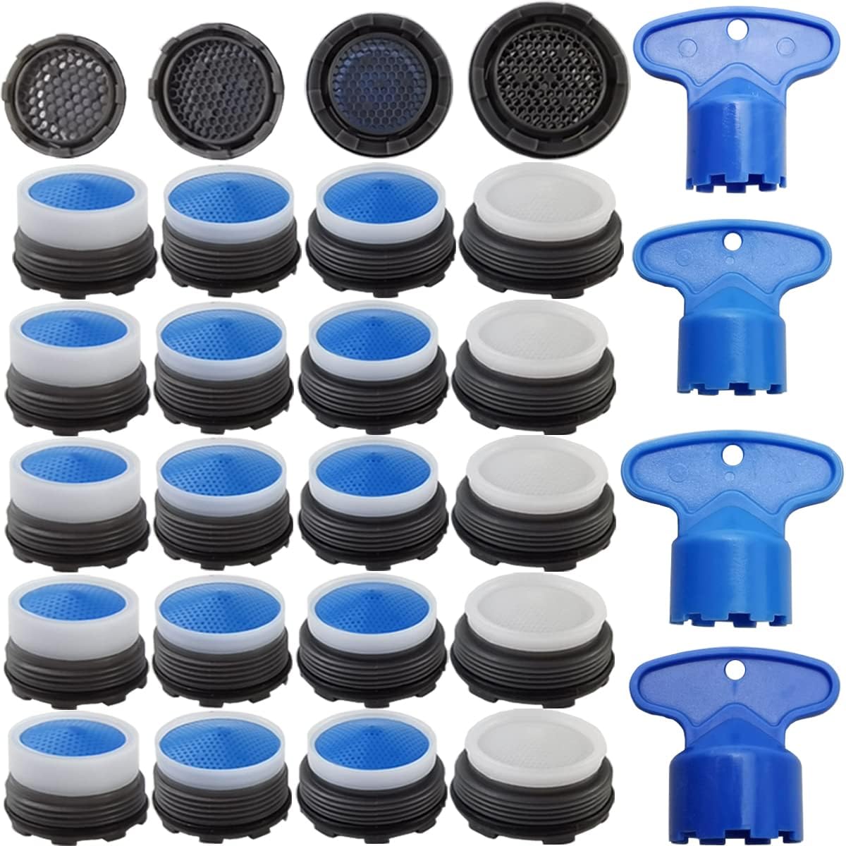 TIHOOD 24PCS Faucet Aerators with 4PCS Faucet Aerator Key Removal Wrench, Water Saving Flow Restrictor Set Replacement Part, for Bathroom or Kitchen Sink, Male Threads 16.5 18.5 21.5 24