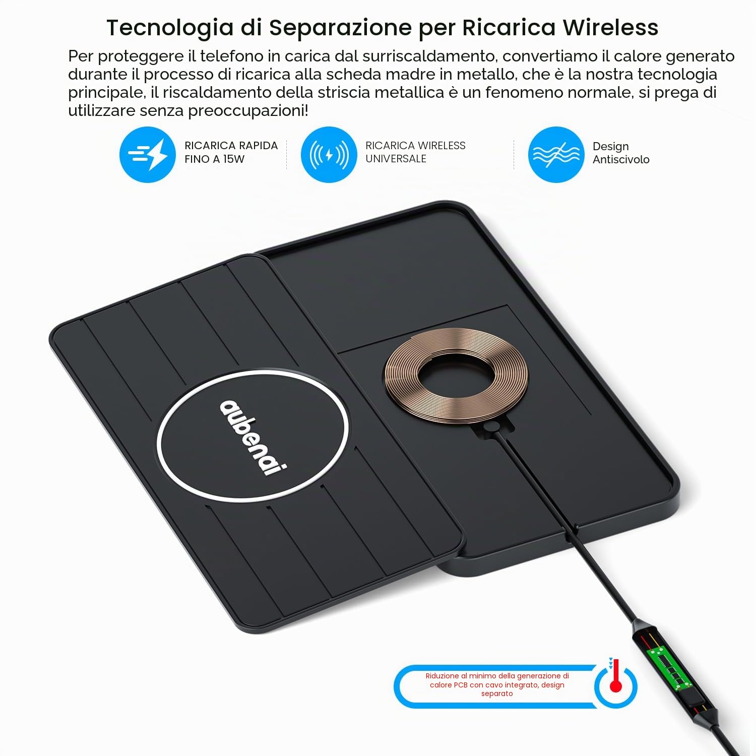 Caricabatterie wireless per auto, tappetino di ricarica rapida da 15 W con cavo di prolunga da 70 cm, tappetino antiscivolo per auto compatibile con iPhone 16/15/14/13, AirPods, Samsung S25
