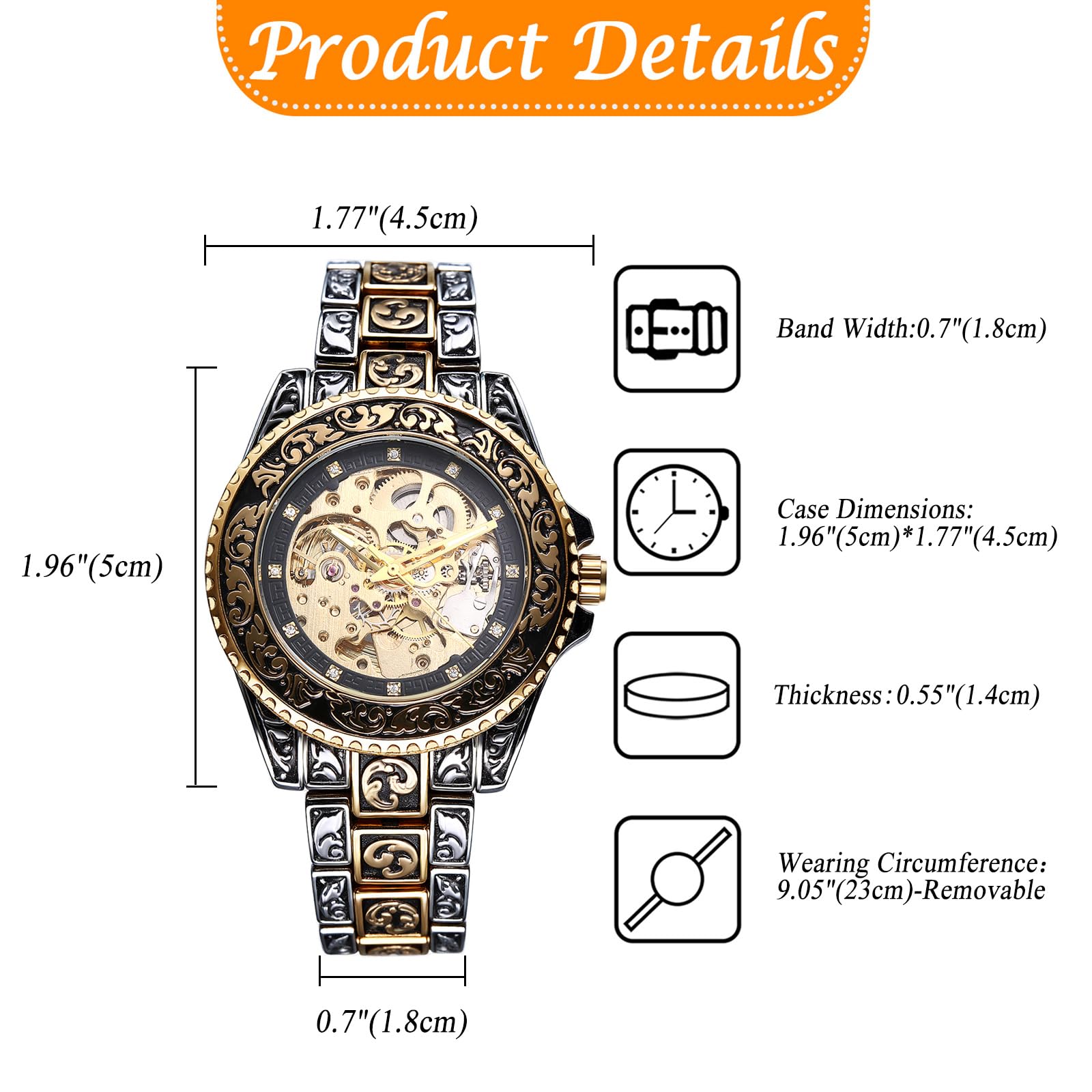 JewelryWe Zegarek męski w stylu vintage, szkielet: 2 sztuki, 36 godzin, rezerwa biegów, automatyczny, mechaniczny, ze stali nierdzewnej, automatyczny zegarek ze świecącymi wskazówkami, skala