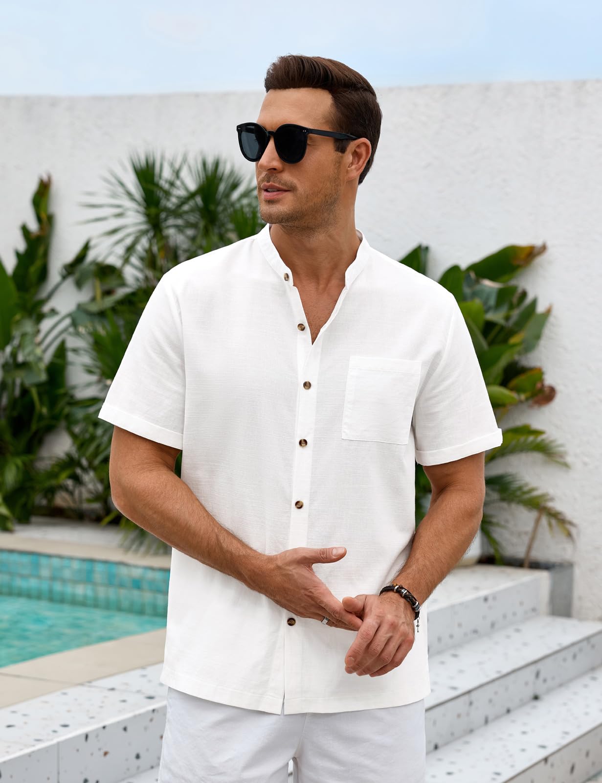 Lonya Camicia Uomo in Cotone e Lino Manica Corta con Bottoni Casual Estiva Regular Fit Henley Shirt in Tinta Unita con Taschino Estiva Beach Spiaggia