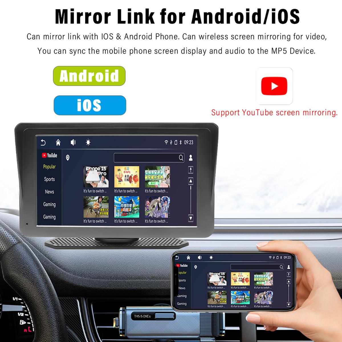 Ricevitore autoradio wireless per autoradio con touchscreen IPS portatile da 7 pollici e Android Auto con collegamento specchio Youtube Bluetooth AUX FM trasmettitore scheda TF