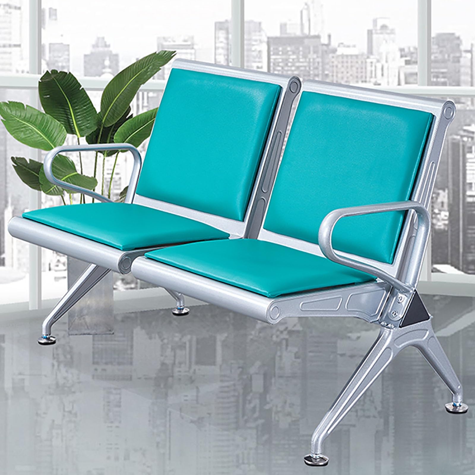 SaryEdge Blue 2-Seater Waiting Bench with Backrest & Armrests - Durable Cold Rolled Steel Reception Chairs for Airports, Salons & Lobbies - One Size,Green-talla única,Green-talla única