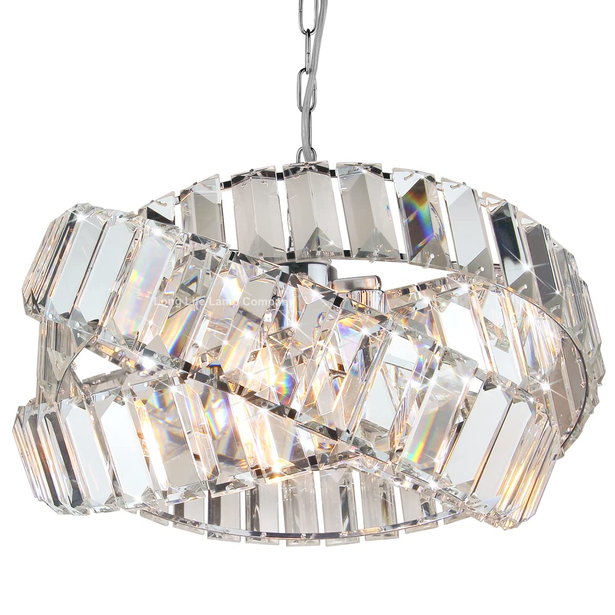 Long Life Lamp Company Crystal Chandelier Ceiling Light, Chrome 3 Light Pendant Fixture Glass Rings Modern and Contemporary H3064