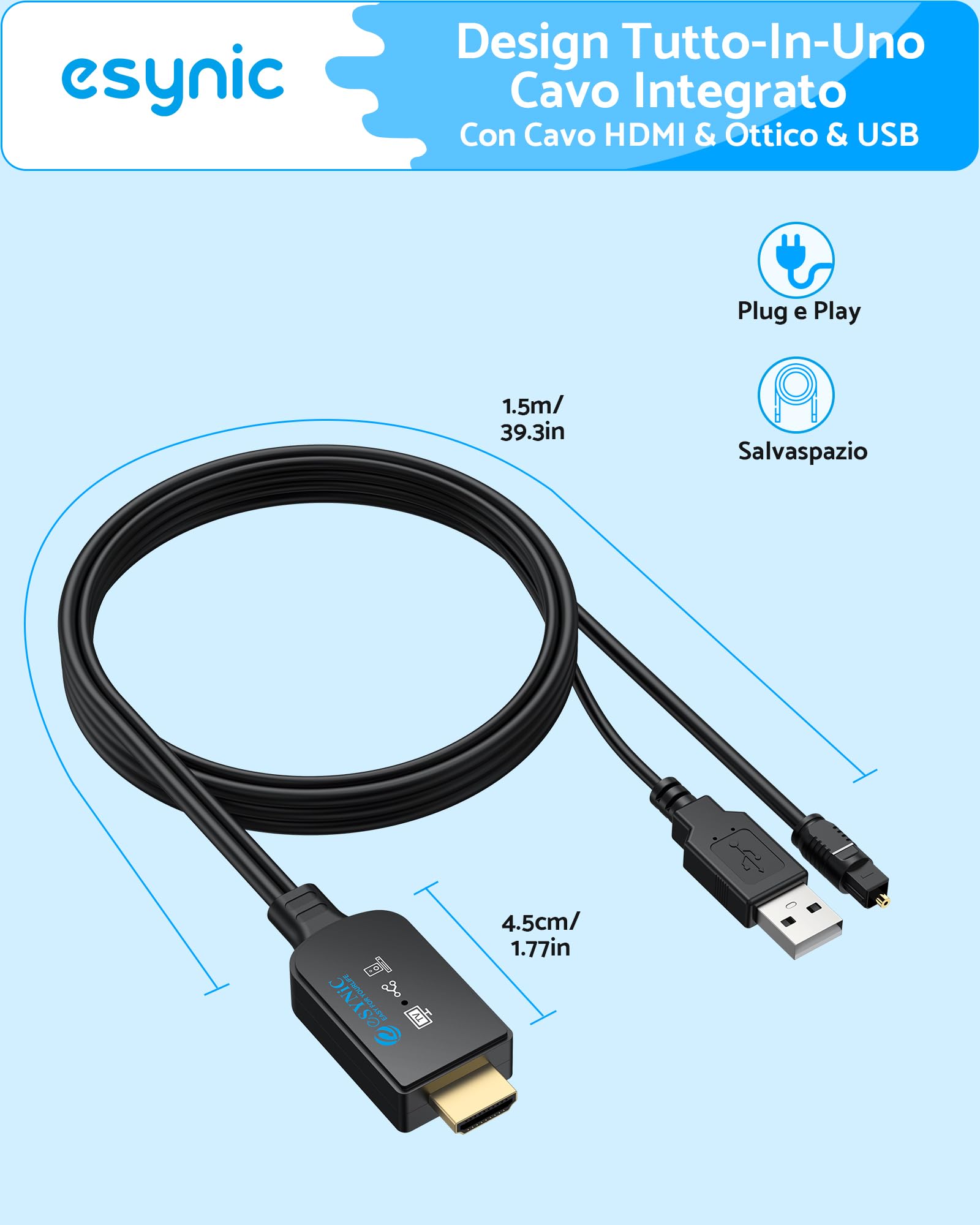 eSynic Cavo Convertitore da eARC/ARC HDMI a Ottico per HDTV a Soundbar Cuffie Wireless Home Theater, 192KHz eARC ARC Audio Extractor Professionale con 1.5M Cavo Integrato, Supporta 5.1ch e 2.0ch