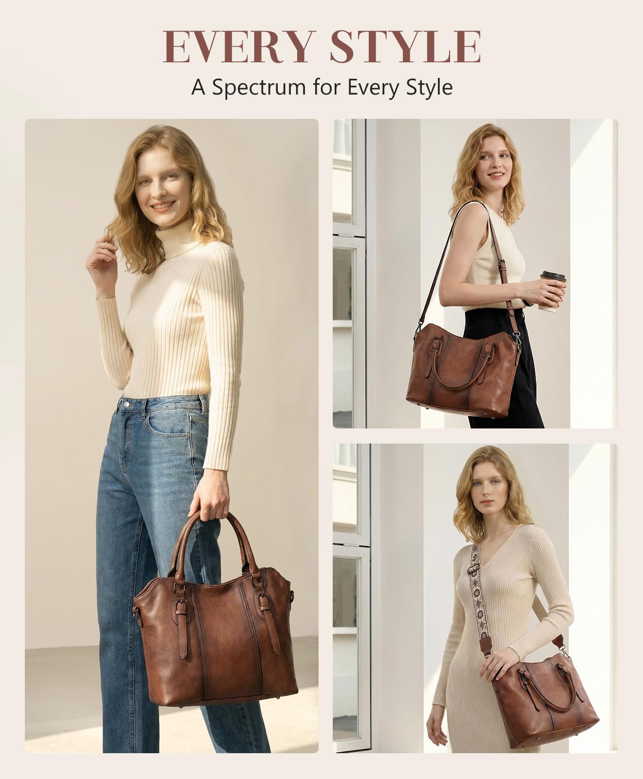 VASCHY Handtasche für Dame, Vegan Leder Hobo Taschen Top Griff Satchel Schulter Frauen Geldbörse Handtasche Geldbörse mit Crossbody Gitarrengurt