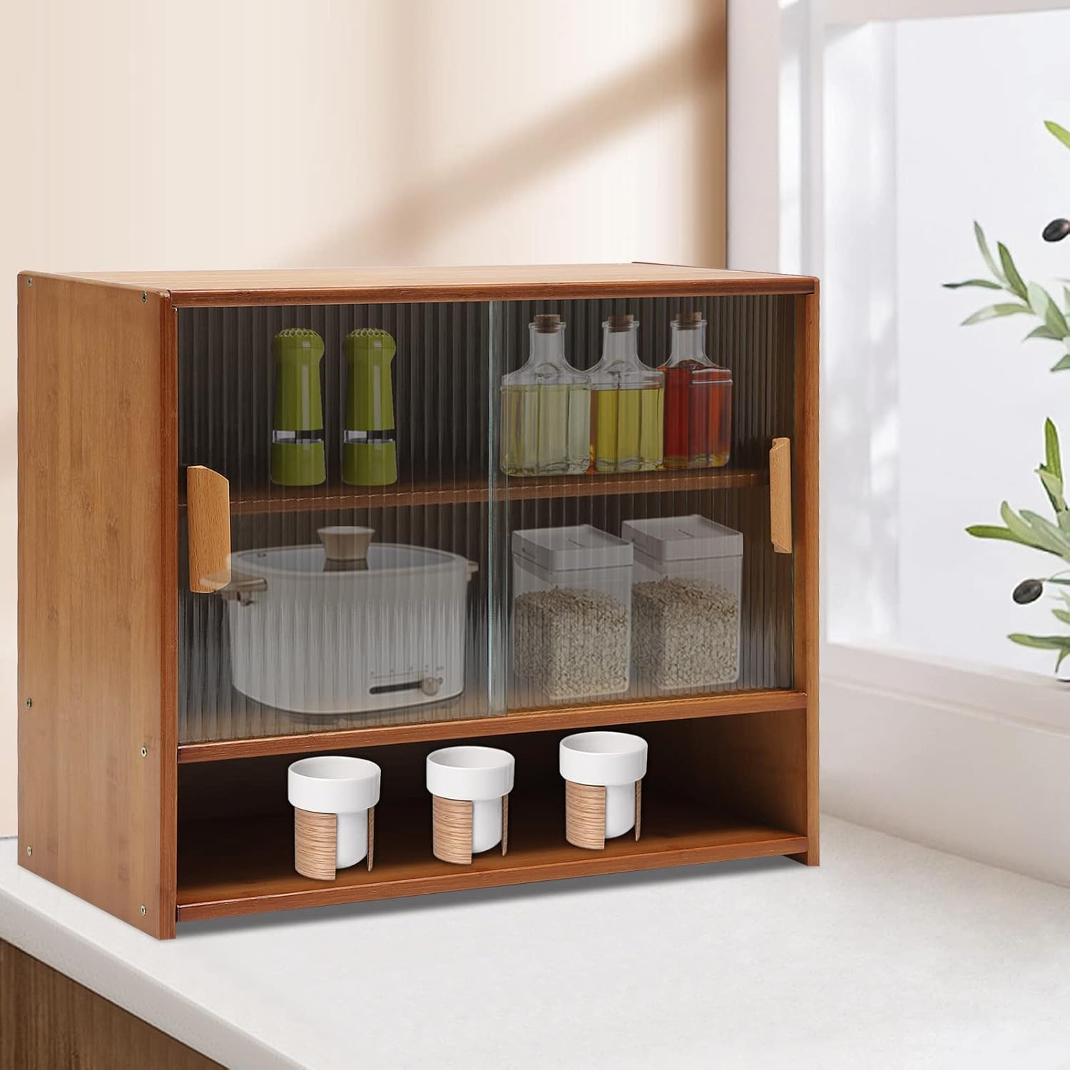 Small Bamboo Kitchen Pantry Sideboard, Countertop Kitchen Pantry Storage Cabinet with 2 Sliding Striped Glass Doors, Freestanding Kitchen Storage Shelf for Bottles, Dish, Bowl, Console Dining Cupboard