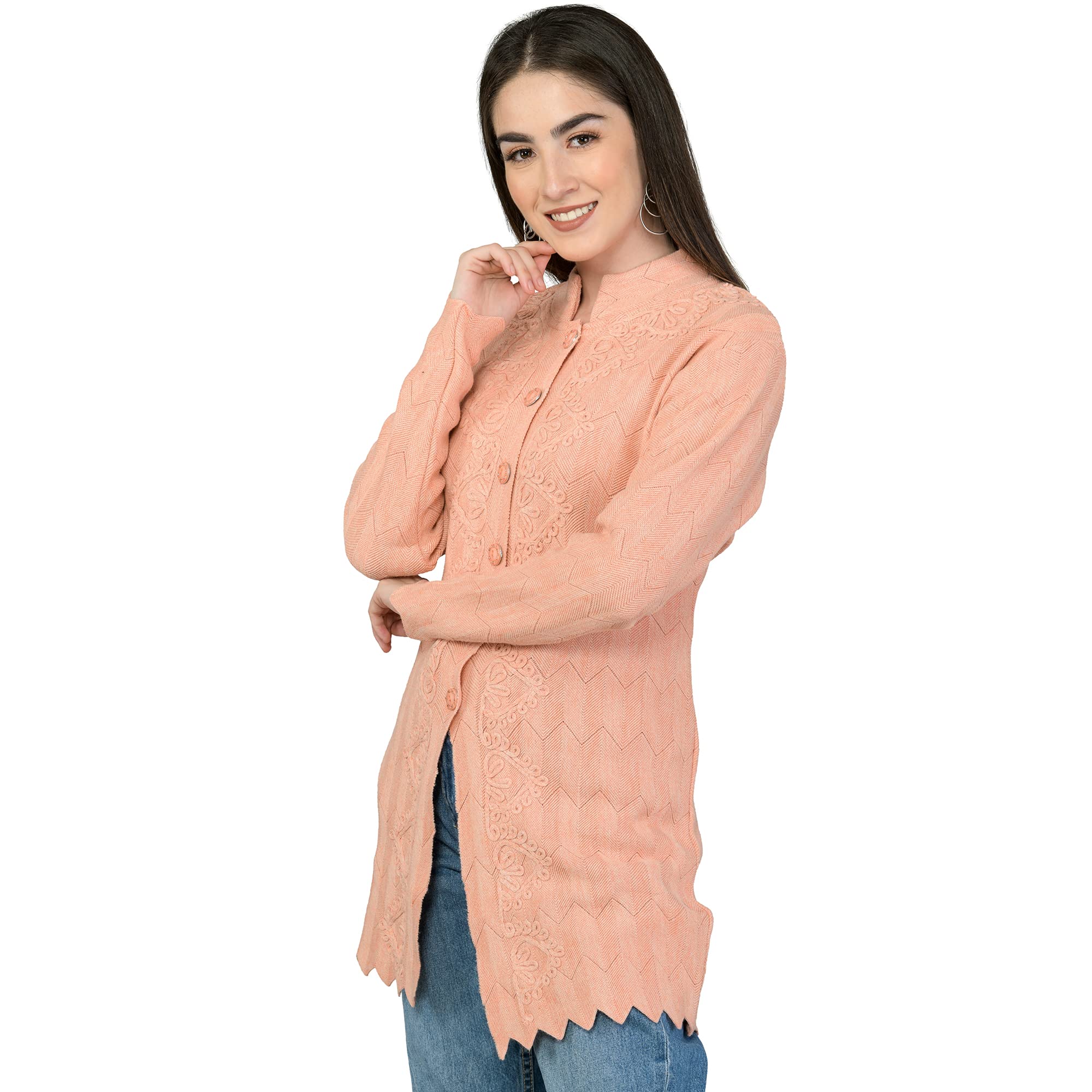 Women Woolen Round Neck Sweater Heavy Front Long Kadai Cardigan Winter Wear Pure Wool Cardigan for Women Free Size Cotty Warm Cardigans with Side Pockets (XS, Peach)-image-10