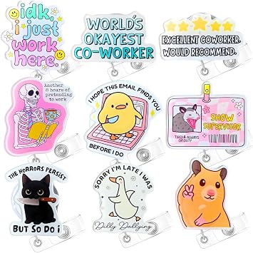 9PC Funny Work Badge Reels Cute Goose Duck Cat Sarcastic Workplace Humor Hilarious Burnout Memes ID Name Holder Retractable Clip Medical Office Accessories Essentials for Nursing Student Coworkers