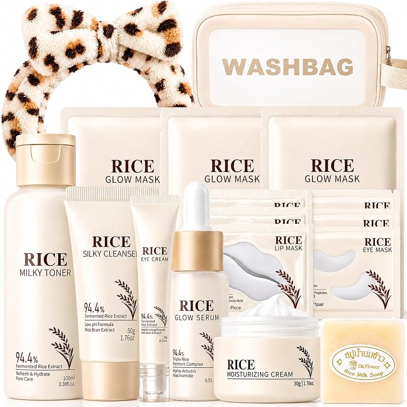 Kit de cuidados da pele com arroz Vienflona, 17 peças, com sabonete, máscaras e acessórios