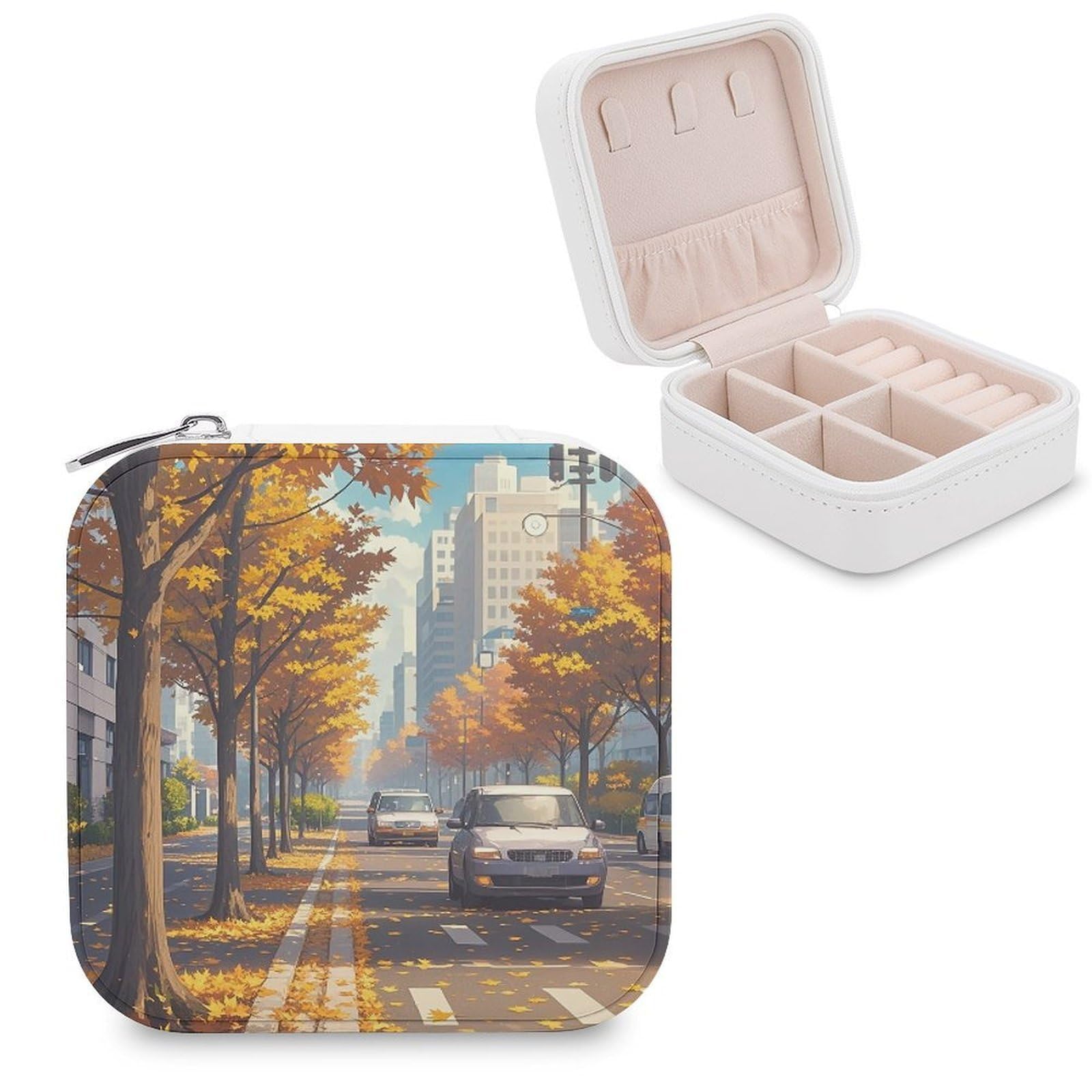 LZQPOEAS Urban Street View Jewelry Box Mini Jewelry Travel Case Trendy Stuff Ring Box Custom PU Leather Jewelry Boxes Portable Jewelry Case Earring Storage Organizer for Girls Women