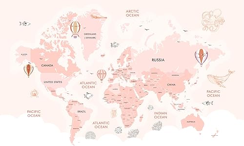 Murwall Papel tapiz infantil de mapa del mundo para niñas, mural de pared rosa con mapa del mundo, para guardería, mapa de dibujos animados, arte de