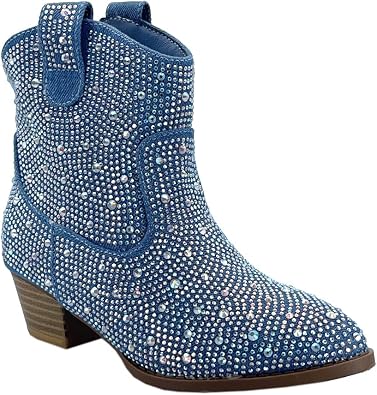 ABSOLEX Girls Rhinestone Block Chunky Heel Ankle Bootie