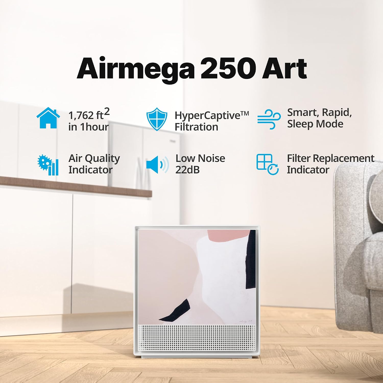 COWAY Air Purifiers for Home Large Room Up to 1,762 ft², Washable Pre-Filter and HEPA Filter for Smoke, Allergies, Pet Dander, Odor, AQI, Smart & Rapid Mode, Timer, 3yr Warranty, 250ART(PP)