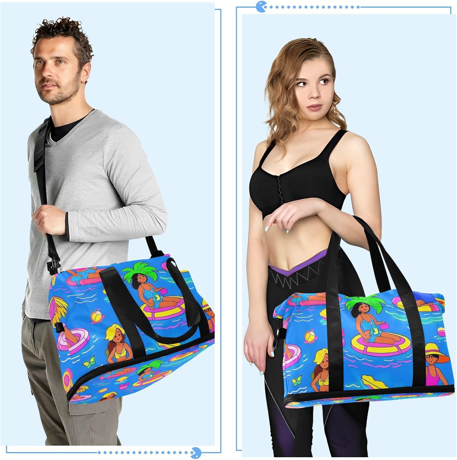 Blue Beach Party Cartoon Summer Sports Tote Gym Bag Large Carry On Bag with Toiletry Bag for Yoga Large Capacity