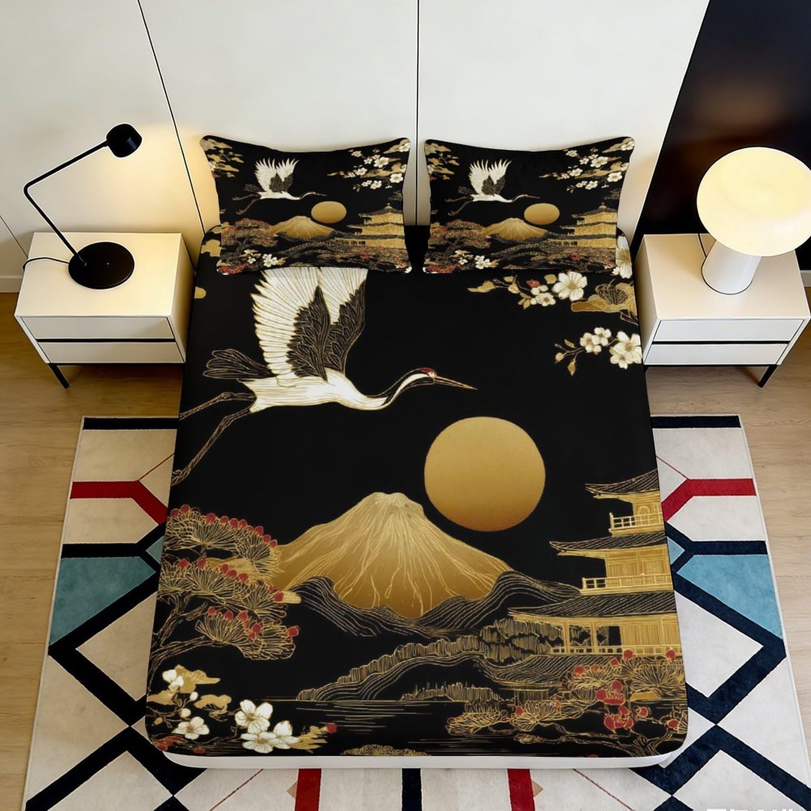 3D Printed Japanese Crane Fitted Sheet Microfiber Soft Black Gold Mountain Bed Cover Bedroom Decor Dustproof 90x200x25cm