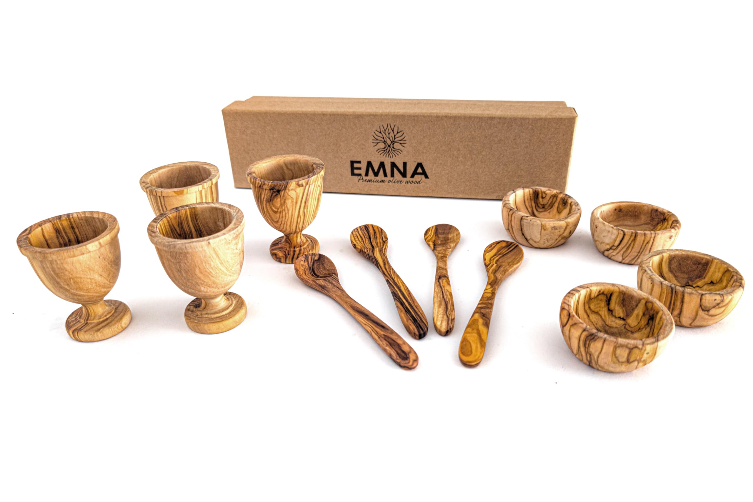 Juego de desayuno de madera de olivo EMNA, vajilla noble de 12 piezas hecha a mano