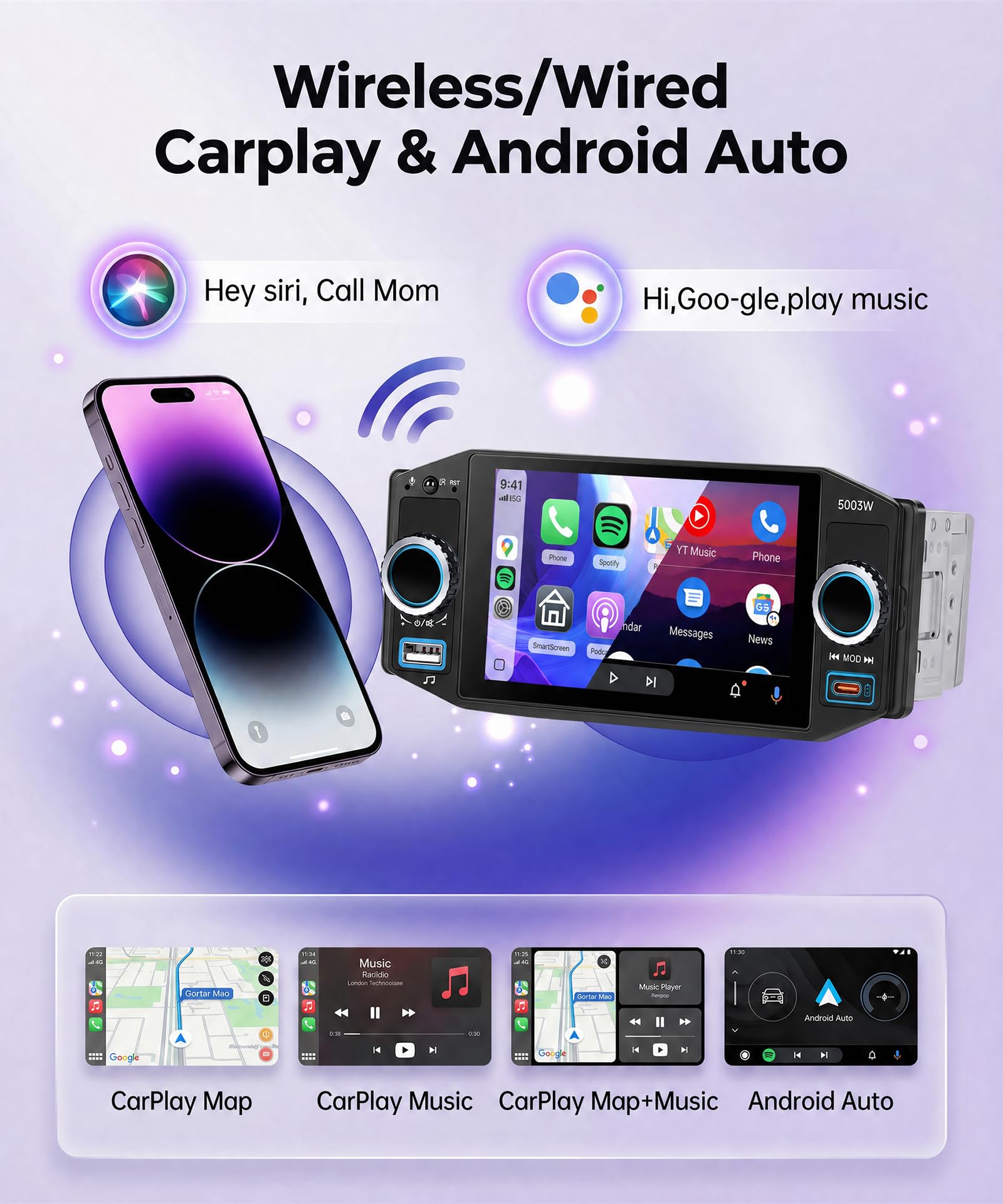 Rimoody Radio de Coche 1 DIN con Inalámbrico Carplay Android Auto Bluetooth 5.2 FM/Am/RDS, 5 Pulgadas Touchscreen Radio Coche iOS/Android Mirror Link EQ/USB/Tipo C Comandos al Volante Cámara Trasera