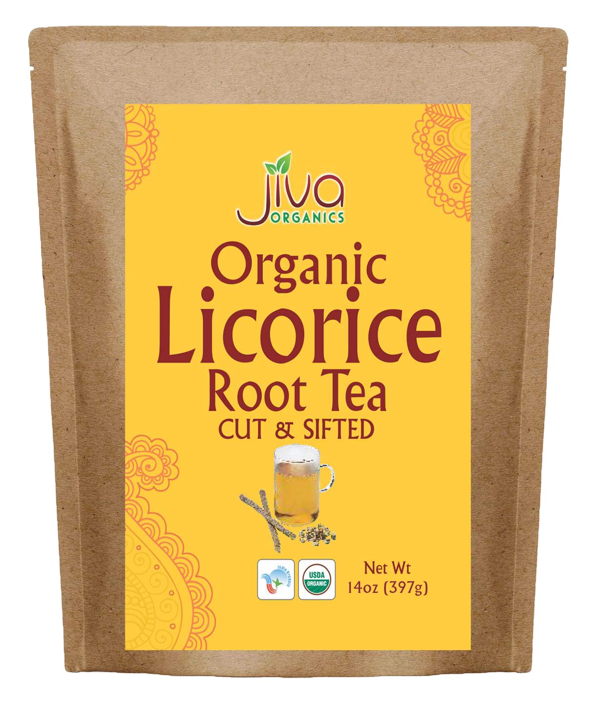Jiva Organics Organic Licorice Root Tea (Cut & Sifted) Bulk 14 Ounce Kraft Bag - Non-GMO, Dried & Pure - Glycyrrhiza glabra