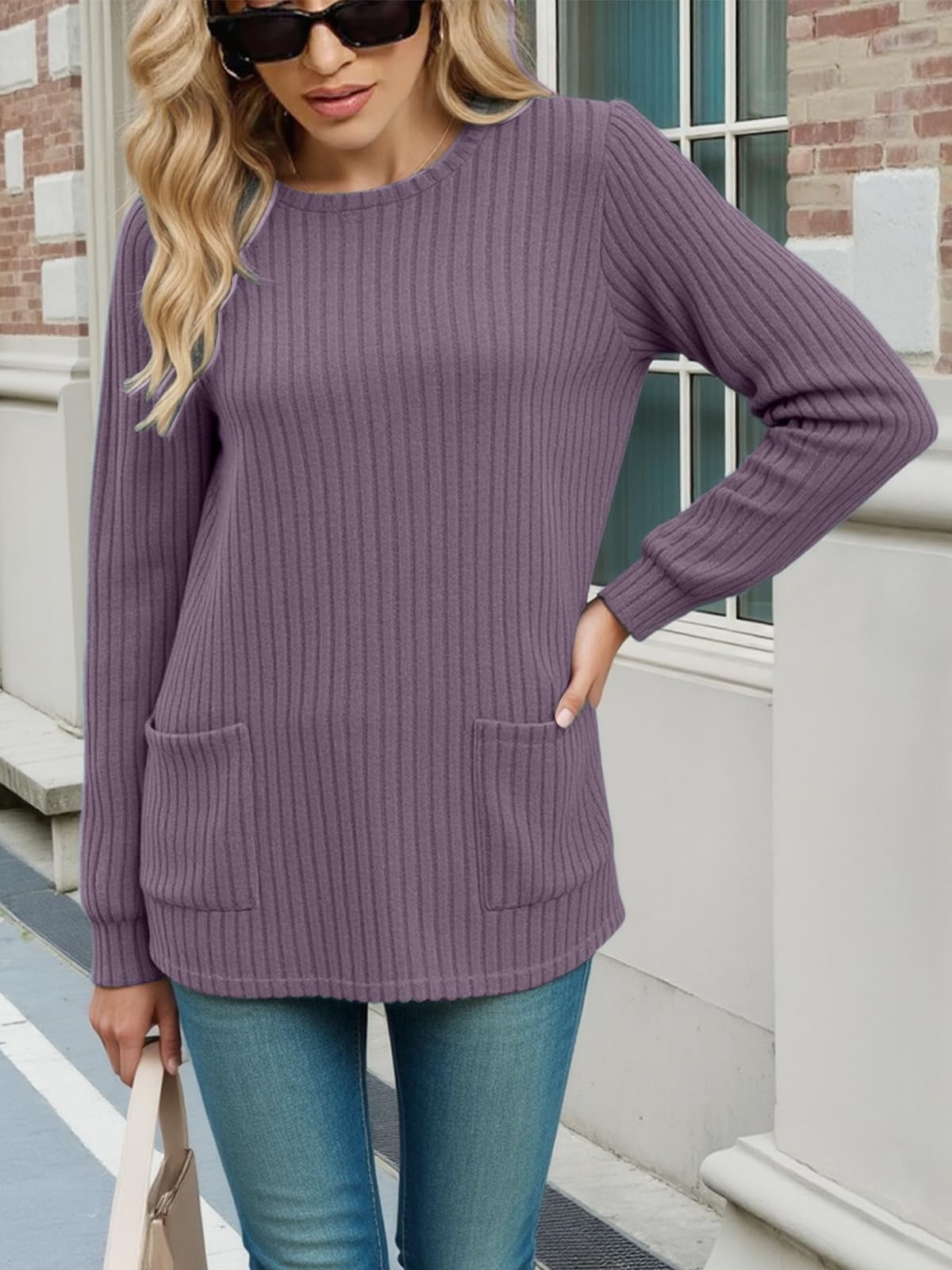 Women's Long Sleeve Tunic Shirt, Casual Pullover Dressy with Pocket, Loose Soft Blouses Sweaters for Homewear Indoor Daily