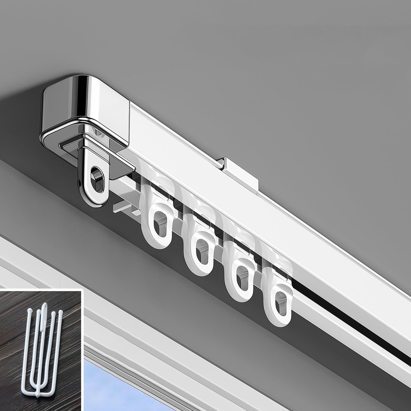 Generisch Teleskopowa szyna do zasłon z aluminium z hakami – regulacja długości od 1,45 do 2,7 m – montaż na ścianie/suficie, przesuwny drążek dzielący – biała wersja