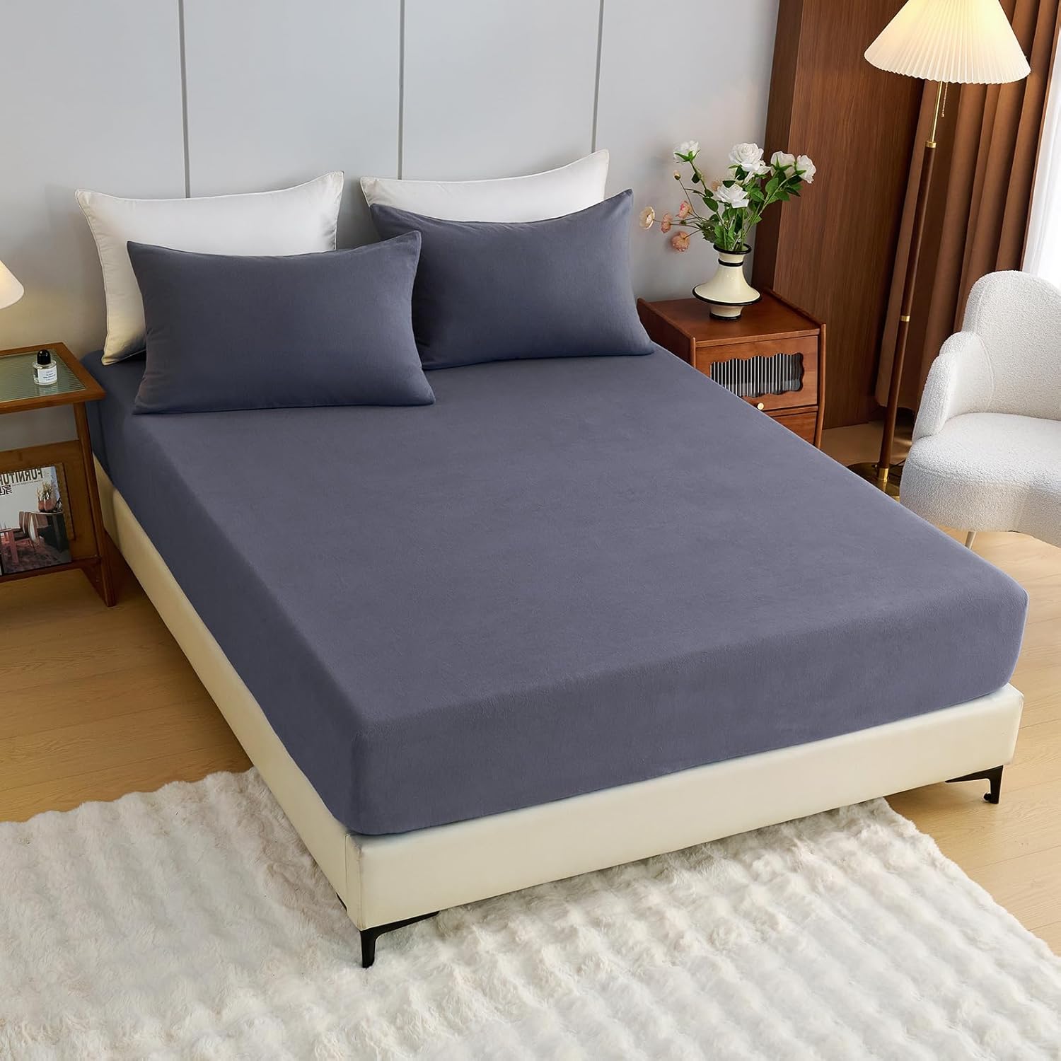 100% Cotton Flannel Fitted Sheet Only, Ultra Soft Cozy Warm Fitted Bottom Sheet for All Season, 16" Deep Pocket, Dark Grey, Twin