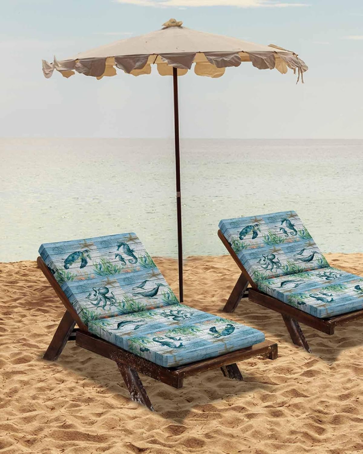 4 Pack Waterproof Patio Cushion Cover for Outdoor,Sea Life Turtle Seahorse Whale Octopus Washable Replacement Covers Furniture Seat Slipcover for Couch Sofa Chair,Underwater World on Wood,20x18in