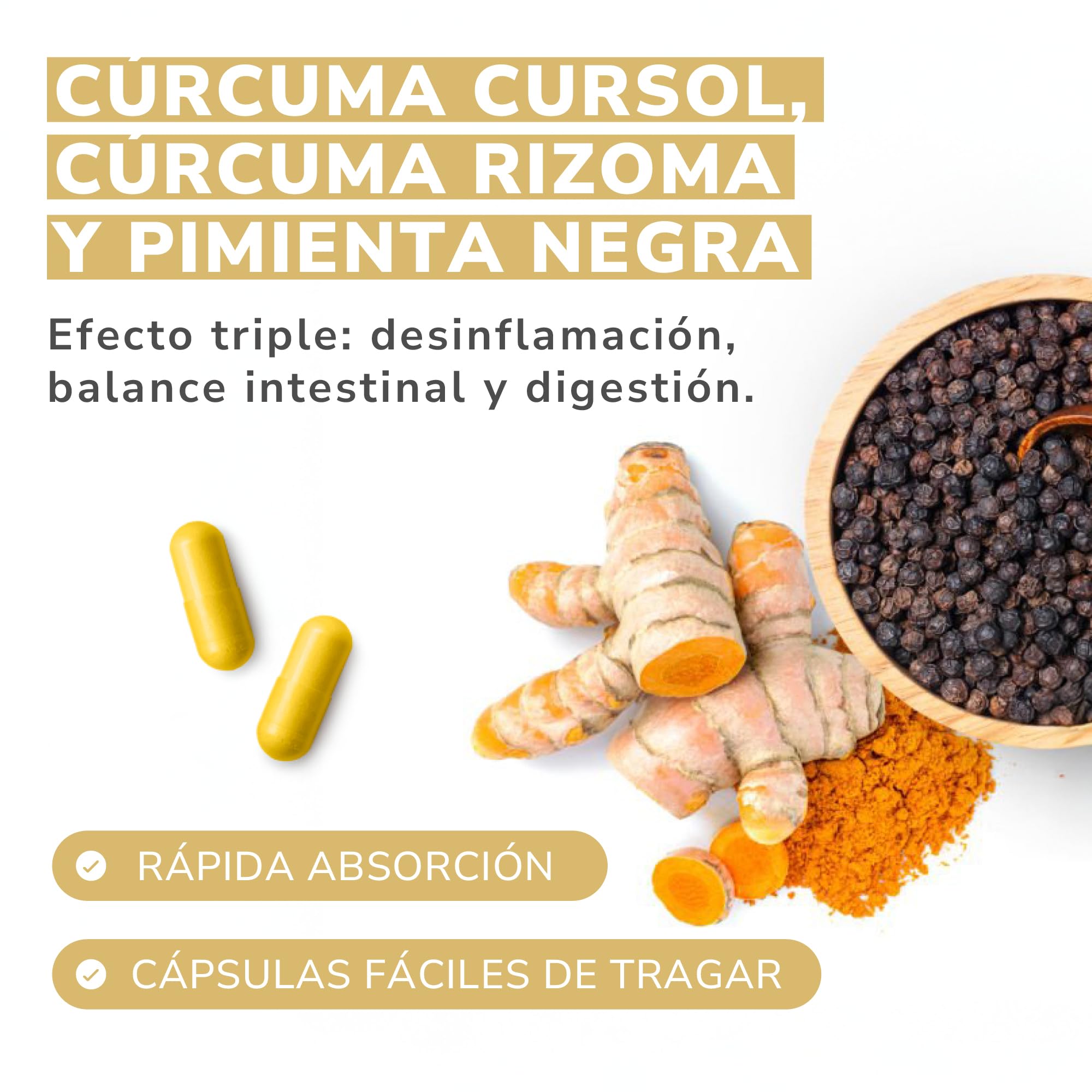BESTME - Cúrcuma Curcumina con Pimienta Negra y Piperina X8 Absorción Cursol (Alta Potencia) Apoyo Antioxidante y Digestivo, 60 Cápsulas Naturales y sin Aditivos