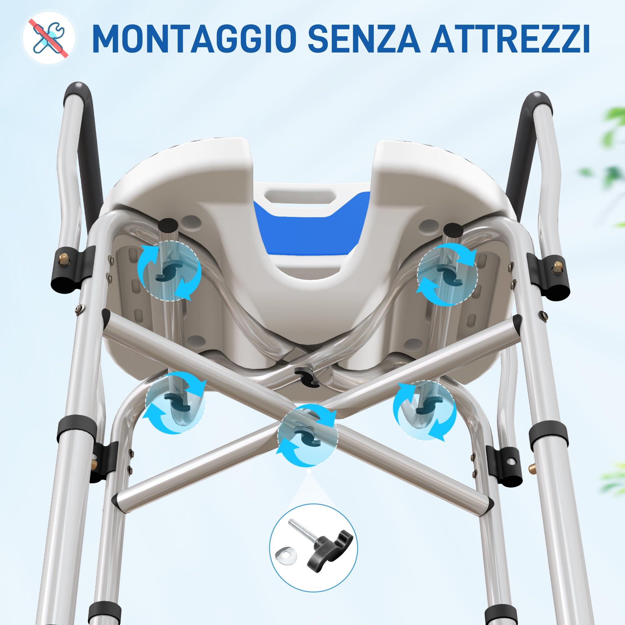 HOMCOM Sedia Doccia con Schienale, Braccioli, Seduta Scanalata e Barre di Rinforzo, Sgabello Doccia con Altezza Regolabile, Fori per Acqua e Piedini Antiscivolo per Anziani e Disabili, Blu