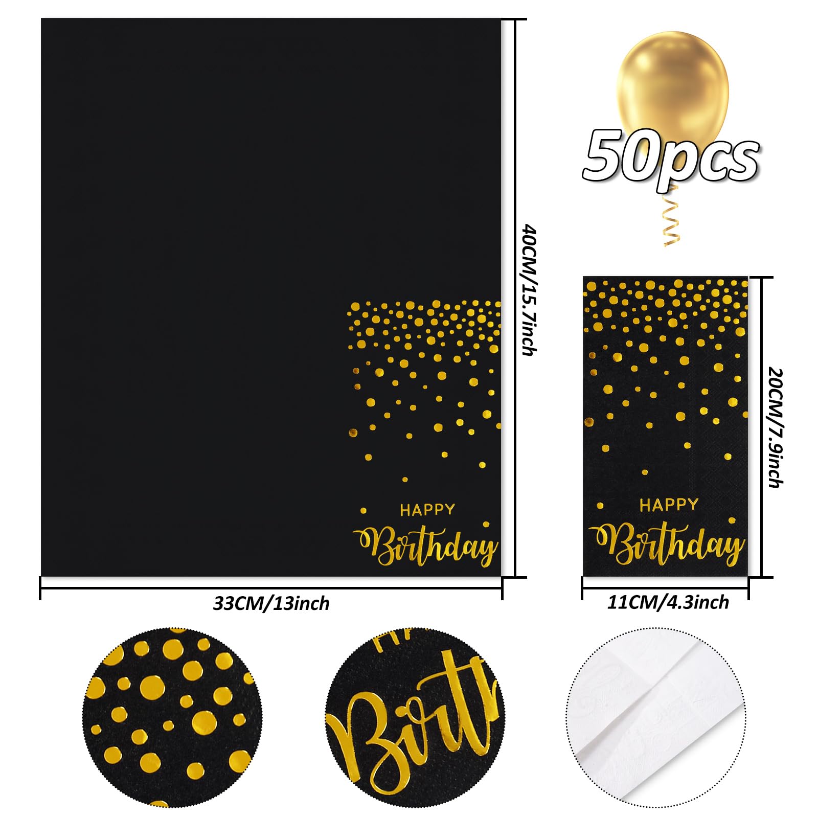 JarThenaAMCS 50 servilletas de papel desechables para invitados de feliz cumpleaños, papel de aluminio negro y dorado, servilletas de mano, para decoración de mesa de fiesta de cumpleaños